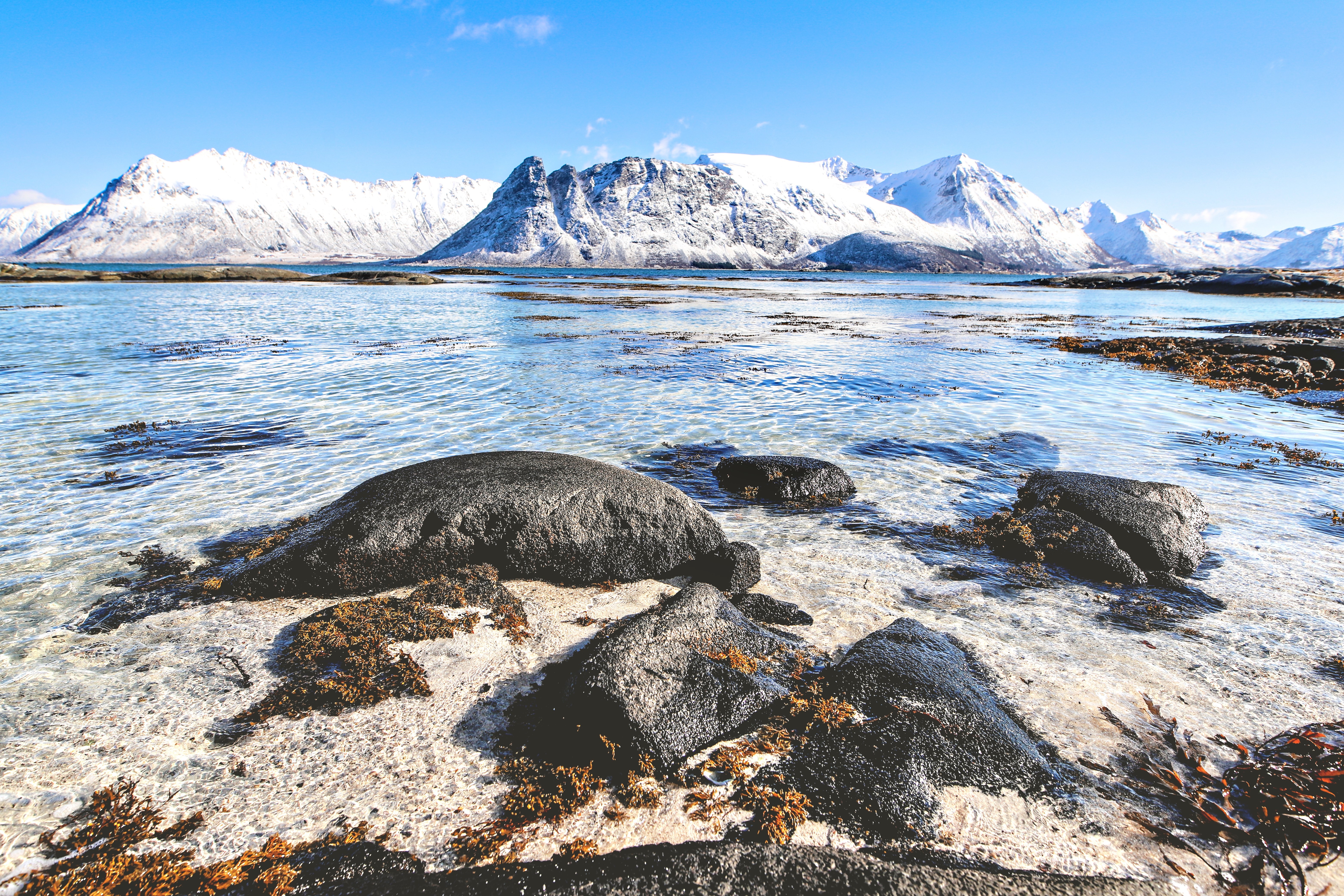 4K Norway Lofoten Islands Snowy Mountains and Beach HD Wallpaper