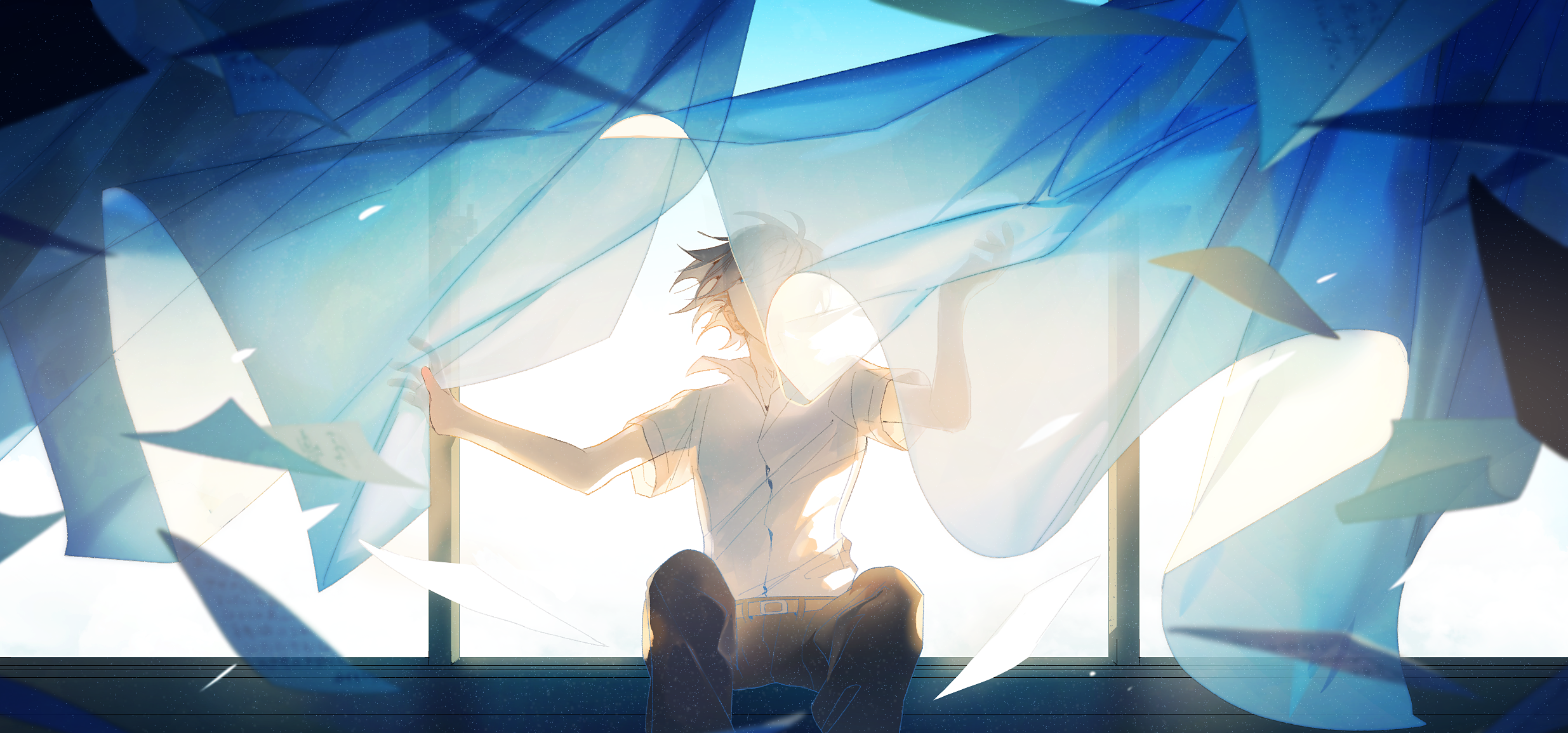 Anime boy holding up curtains with papers flying HD Wallpaper