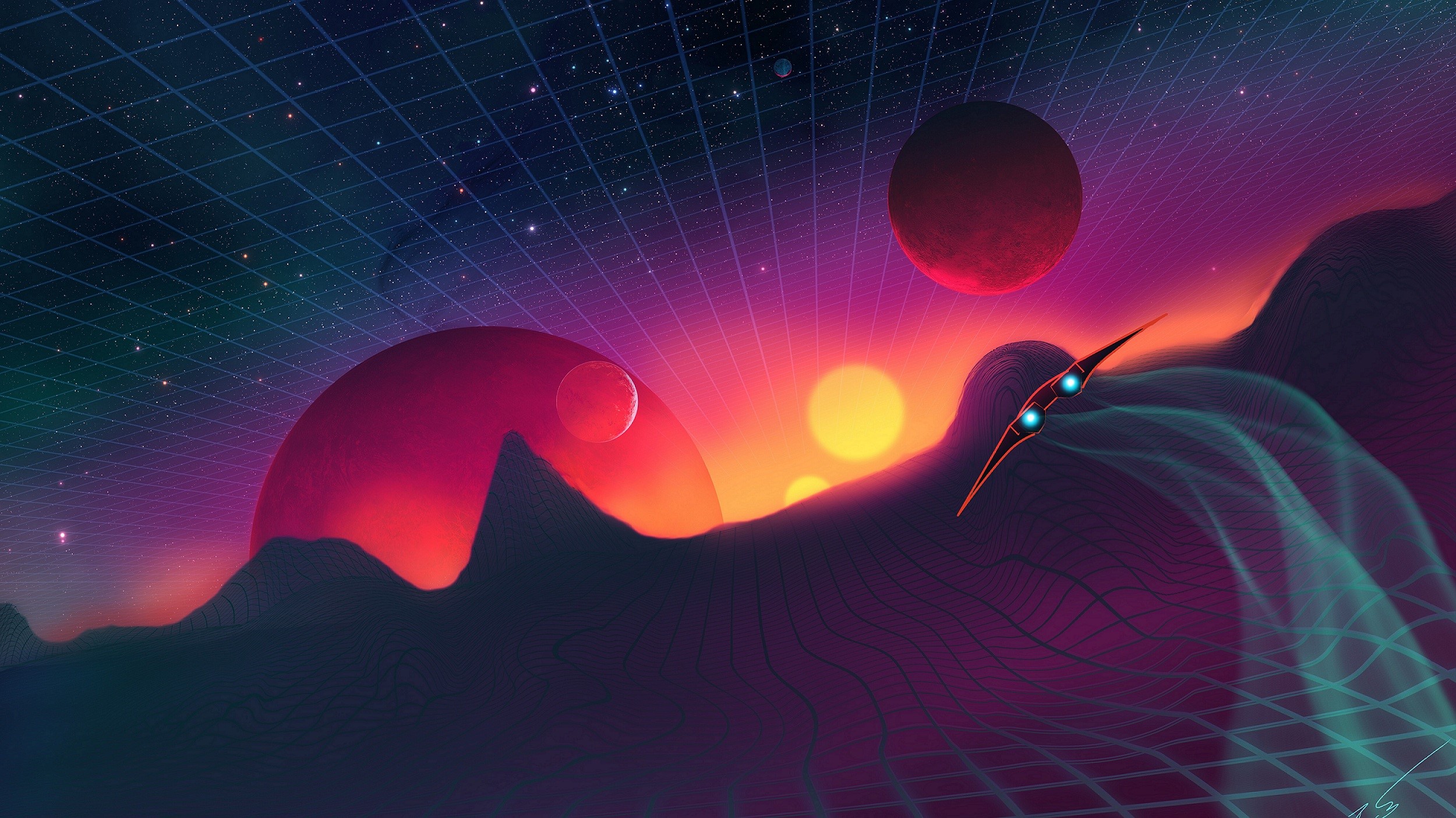 Retro futuristic space landscape with planets and spaceship HD Wallpaper