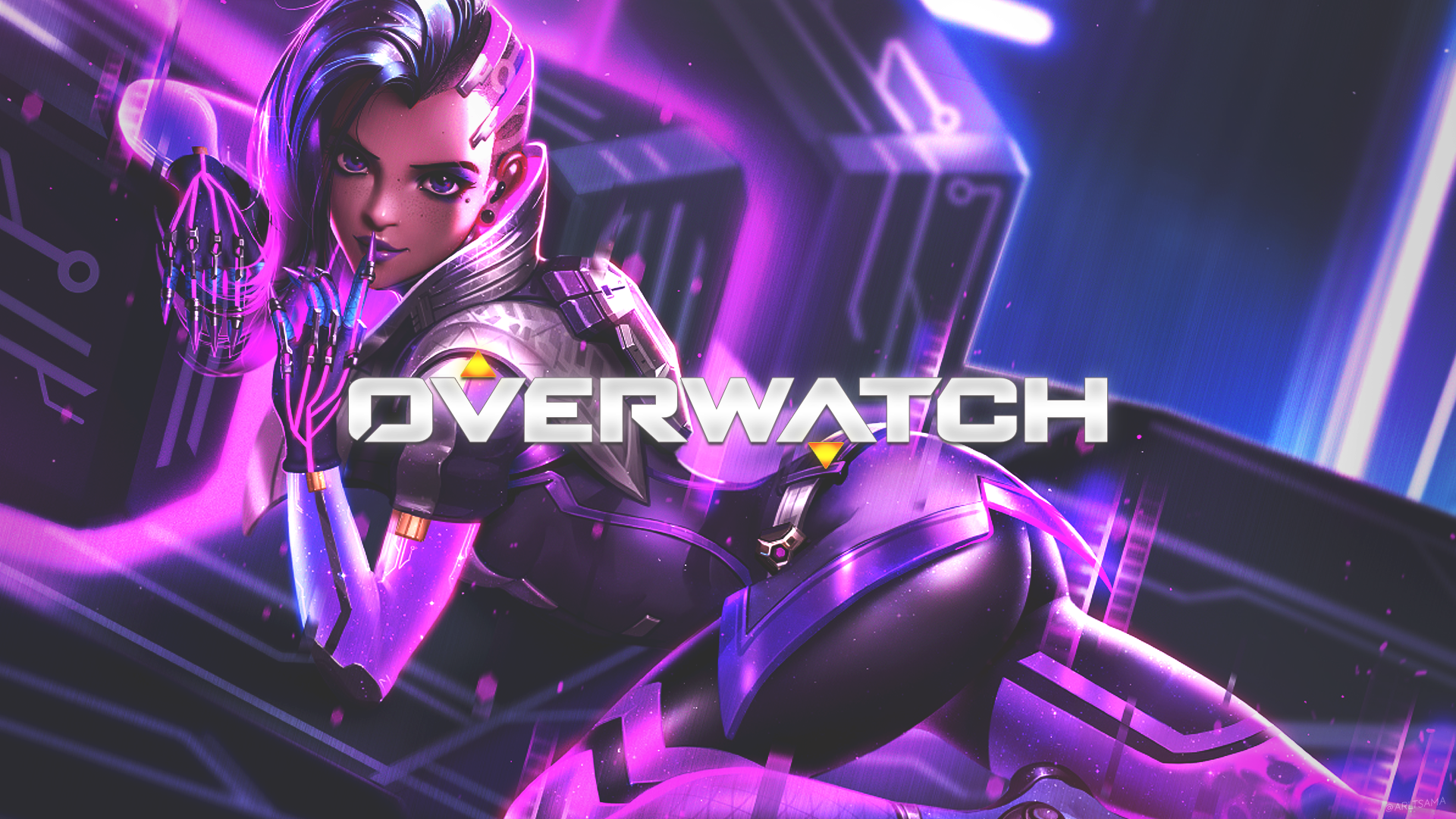 Sombra from Overwatch with game logo HD Wallpaper