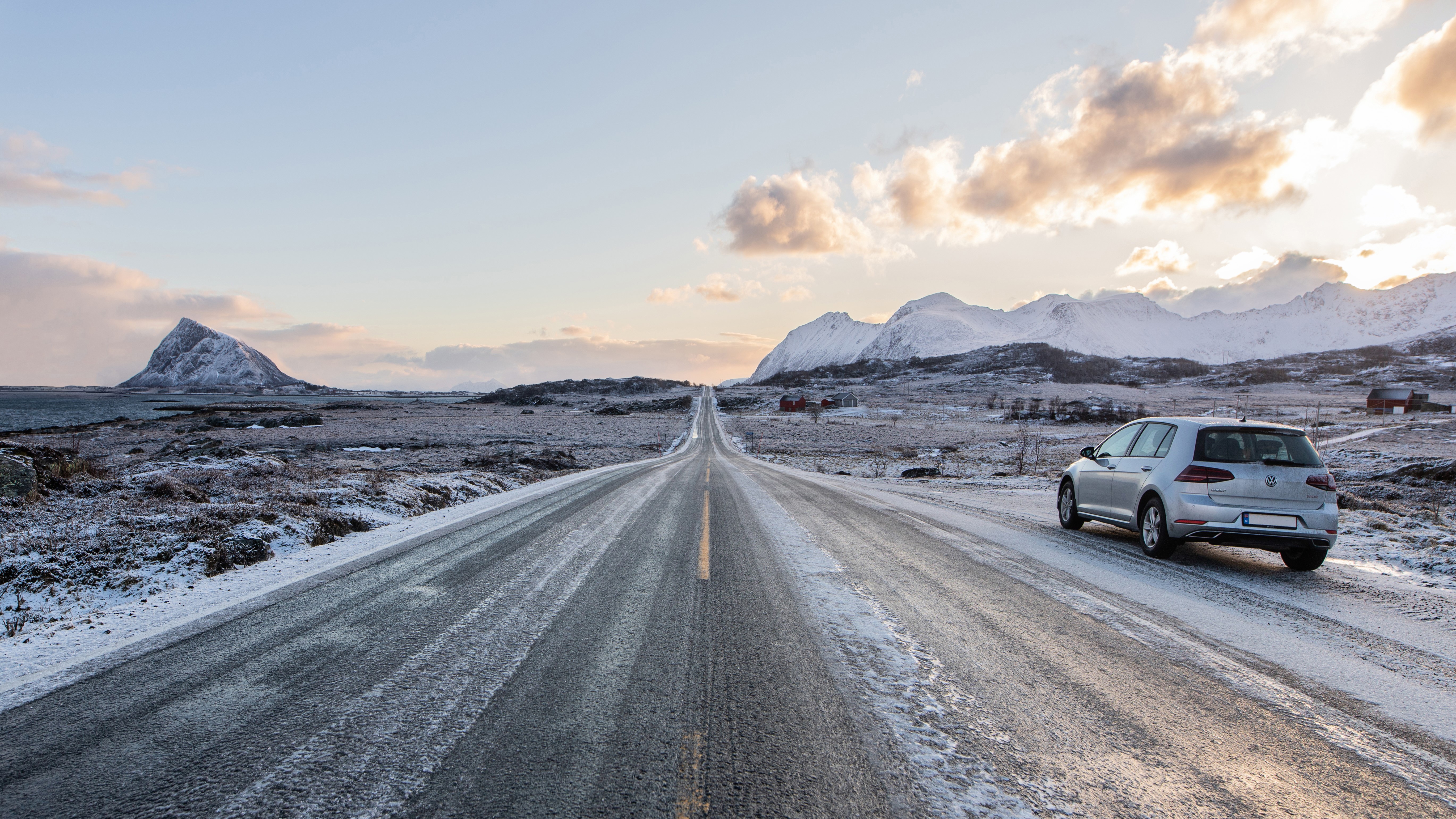4K Lofoten Islands Norway road with car and mountains HD Wallpaper