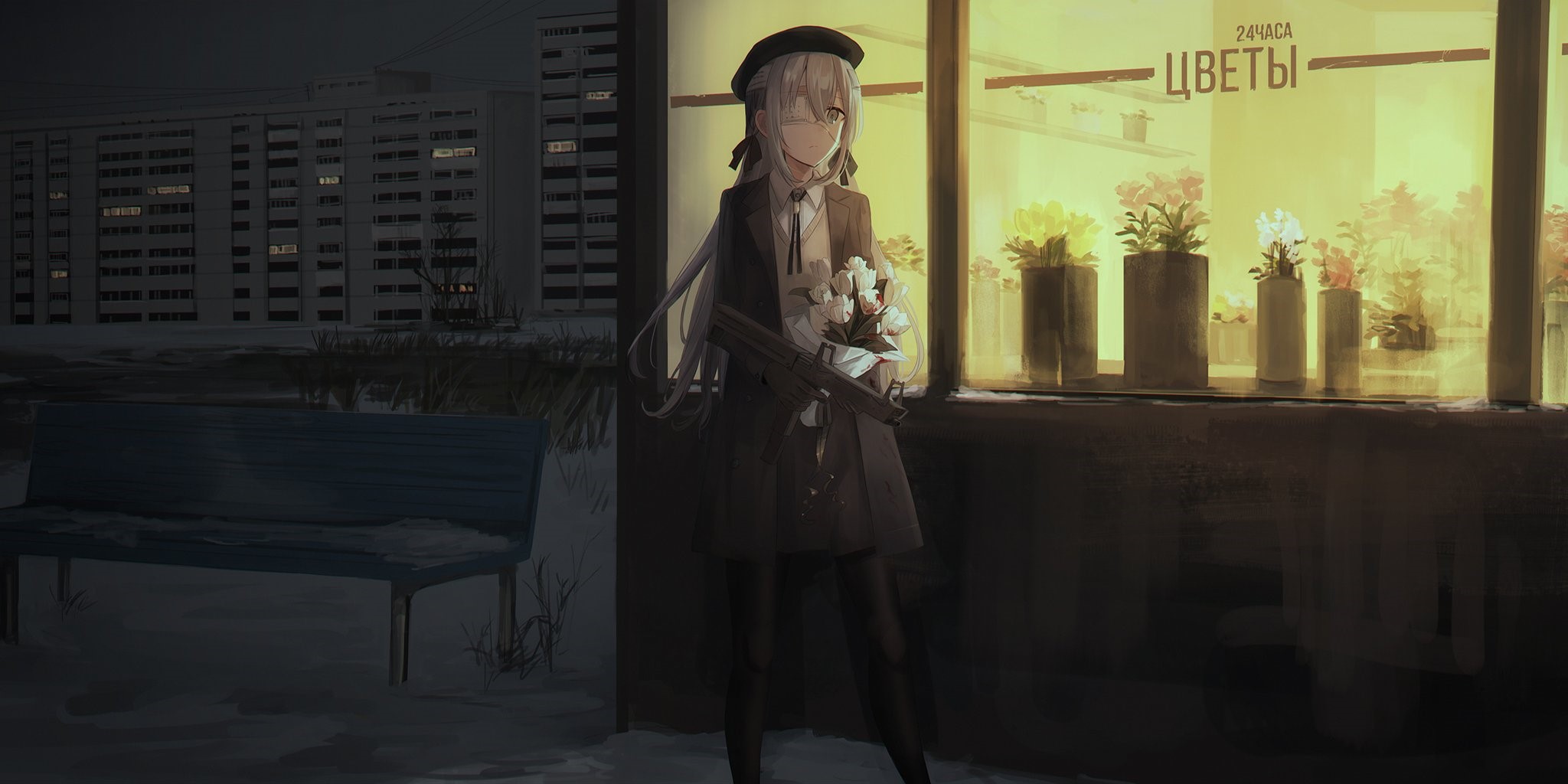 Anime girl with flowers and a gun in Russia HD Wallpaper