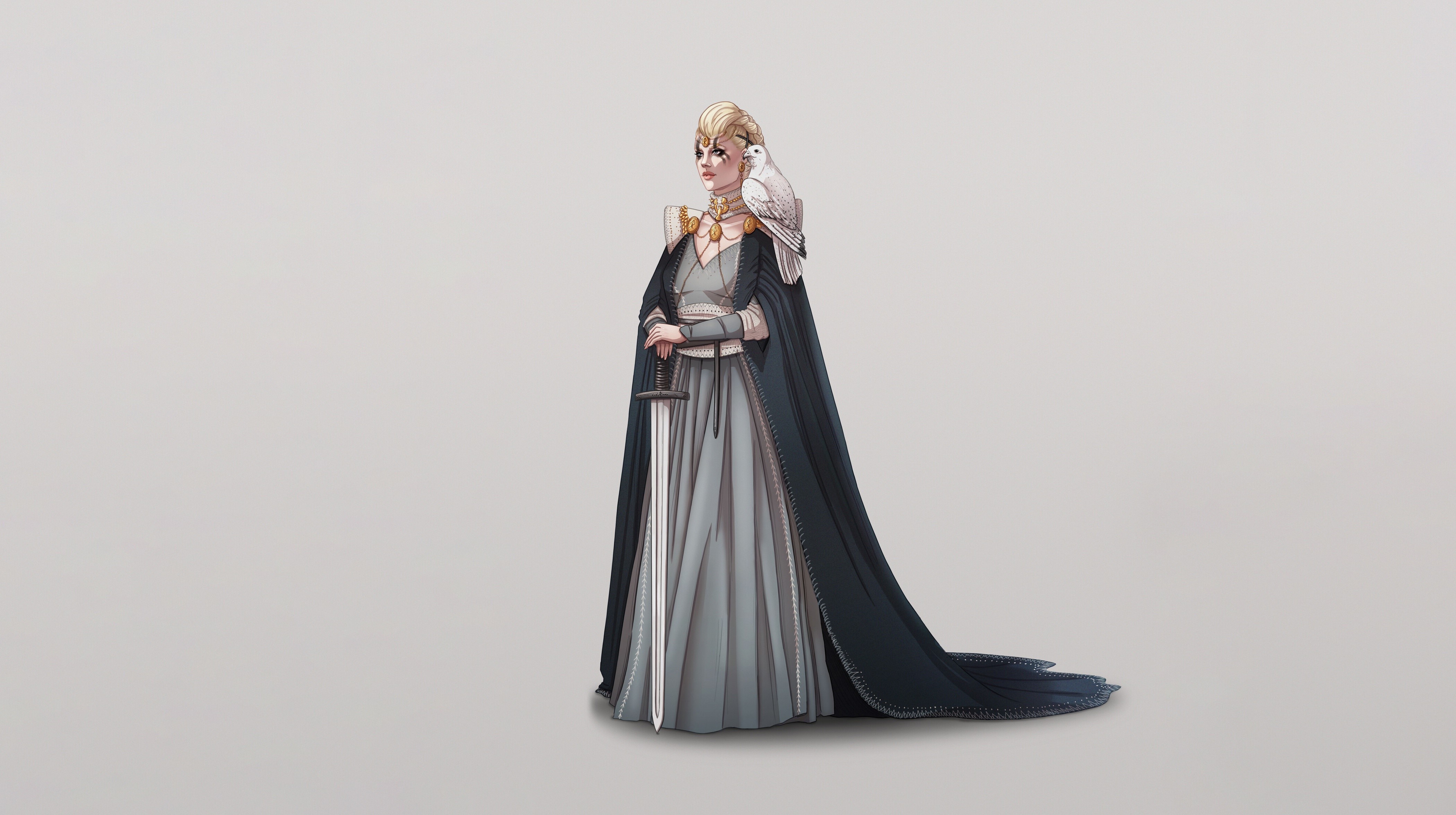 Fantasy girl with sword and falcon HD Wallpaper
