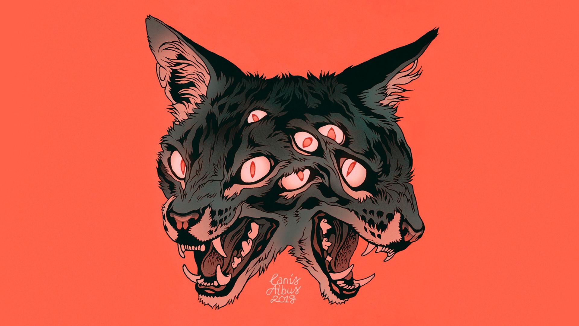 Multi-eyed black cat creature with open mouths HD Wallpaper