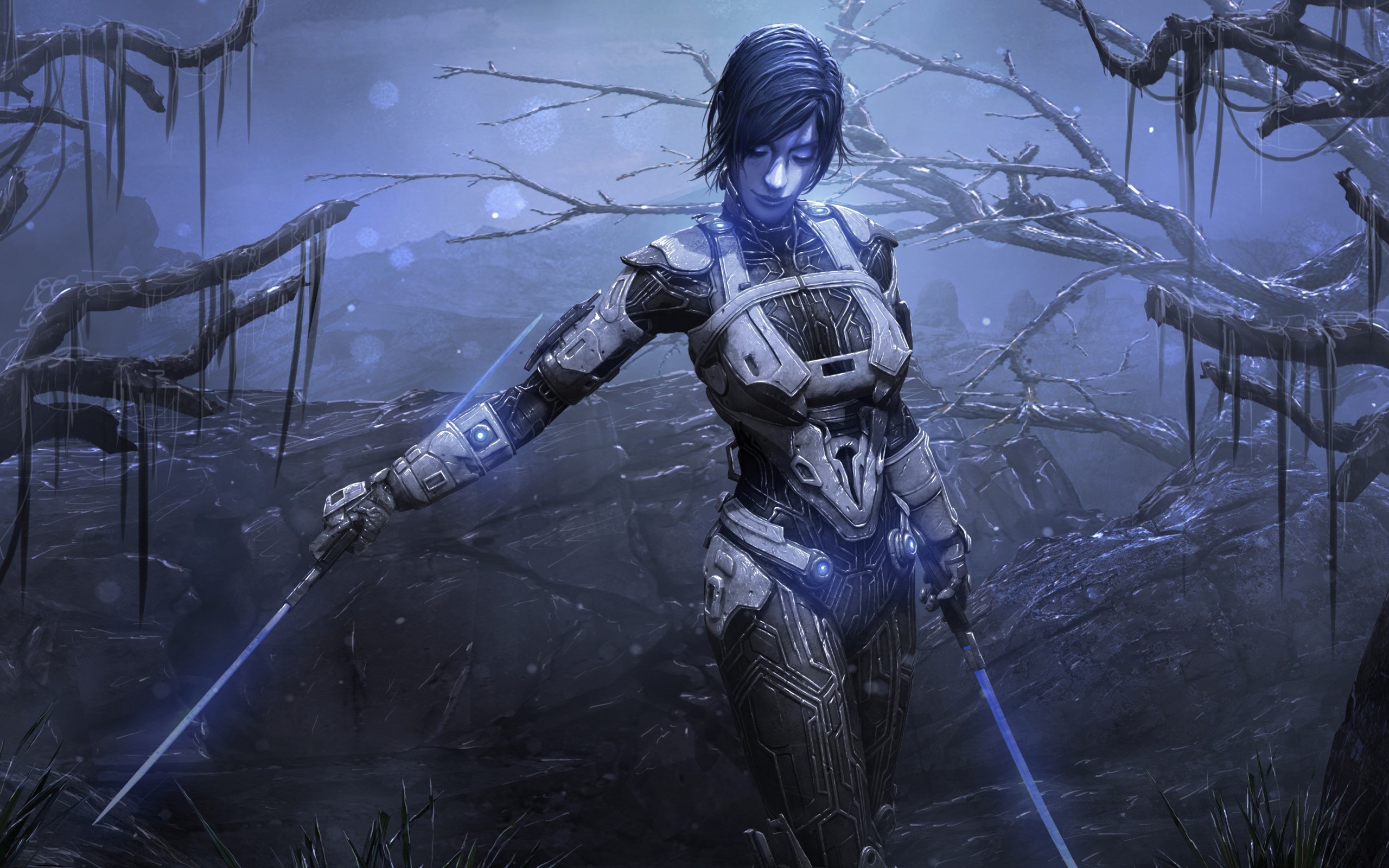 Futuristic cyborg woman with glowing swords HD Wallpaper