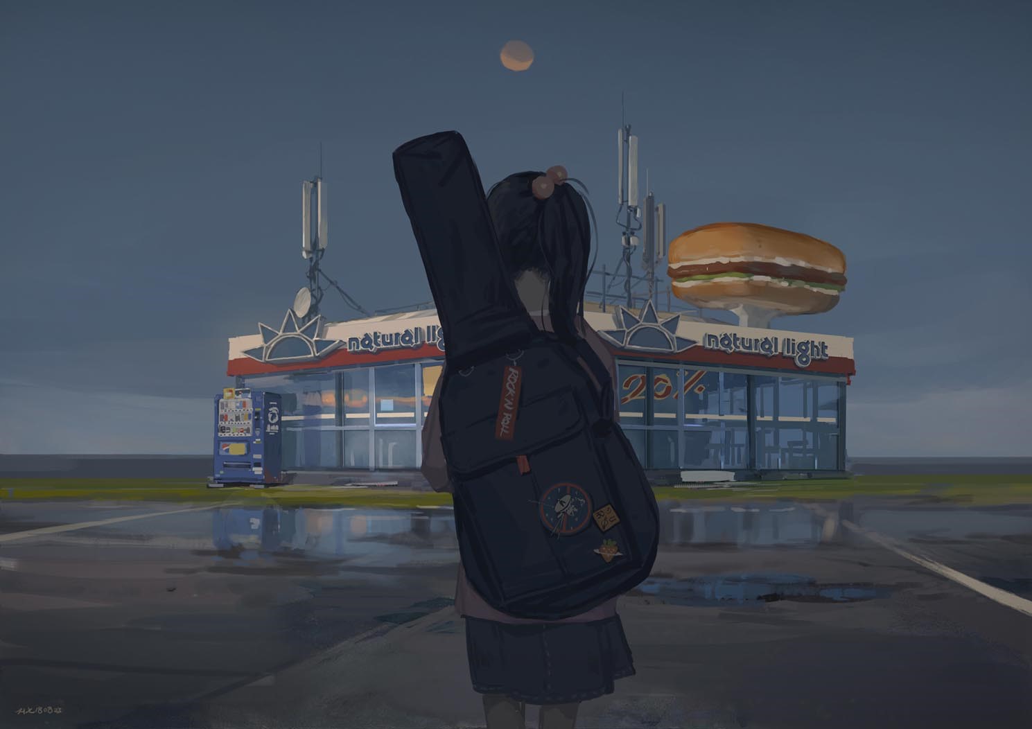 Anime girl with guitar at a gas station HD Wallpaper