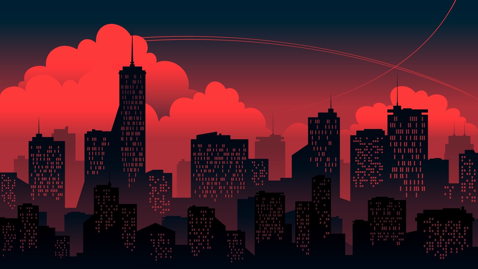 Cityscape with red clouds at dusk HD Wallpaper