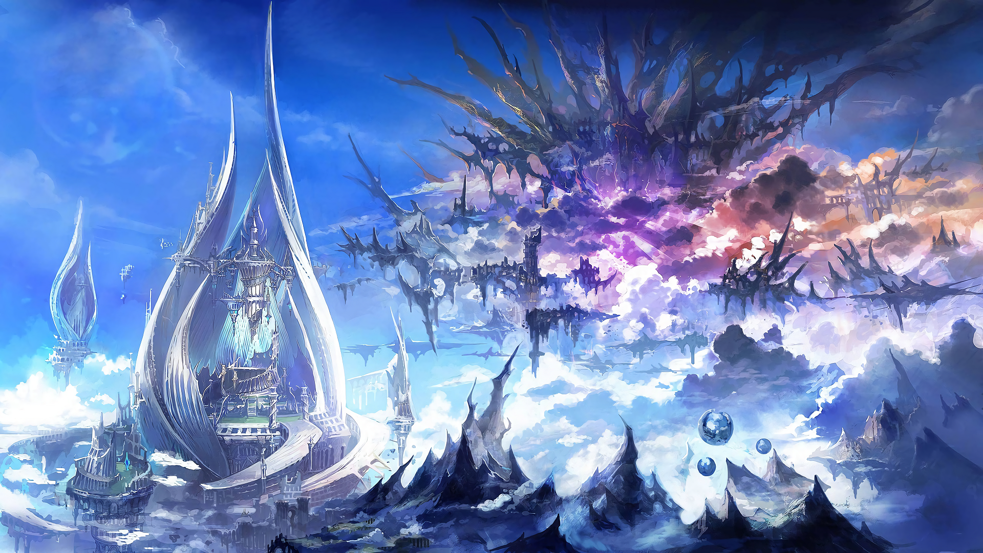 Fantasy cityscape with floating islands and structures HD Wallpaper