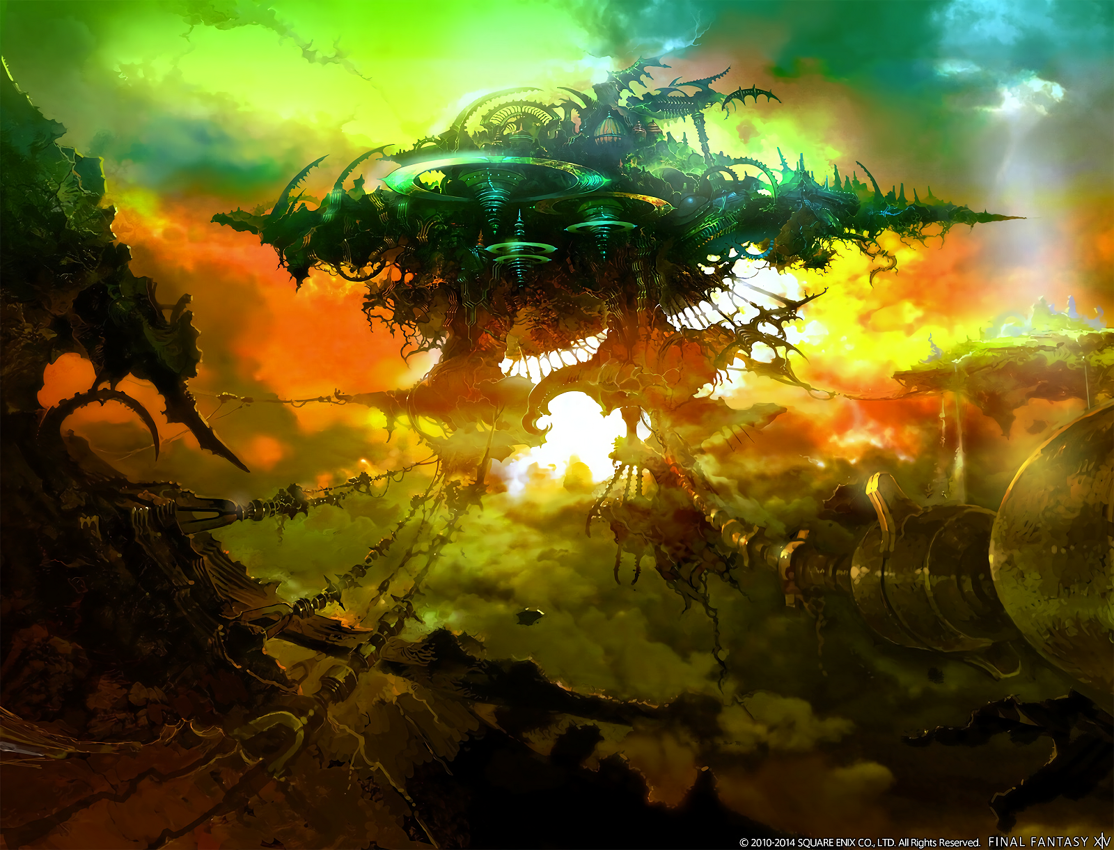 Fantasy landscape with floating islands and structures HD Wallpaper