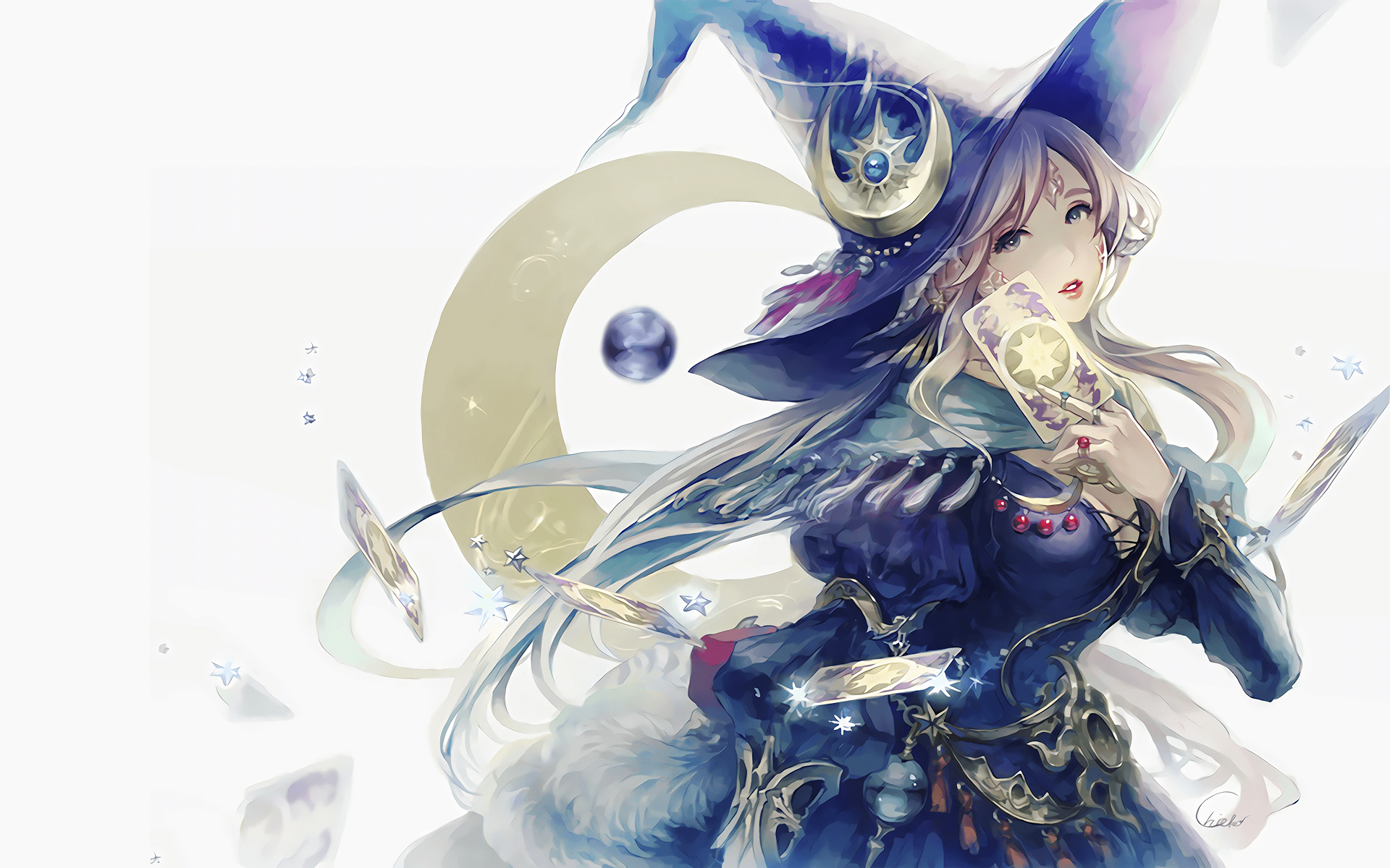 Woman in witch hat with tarot cards and moon HD Wallpaper