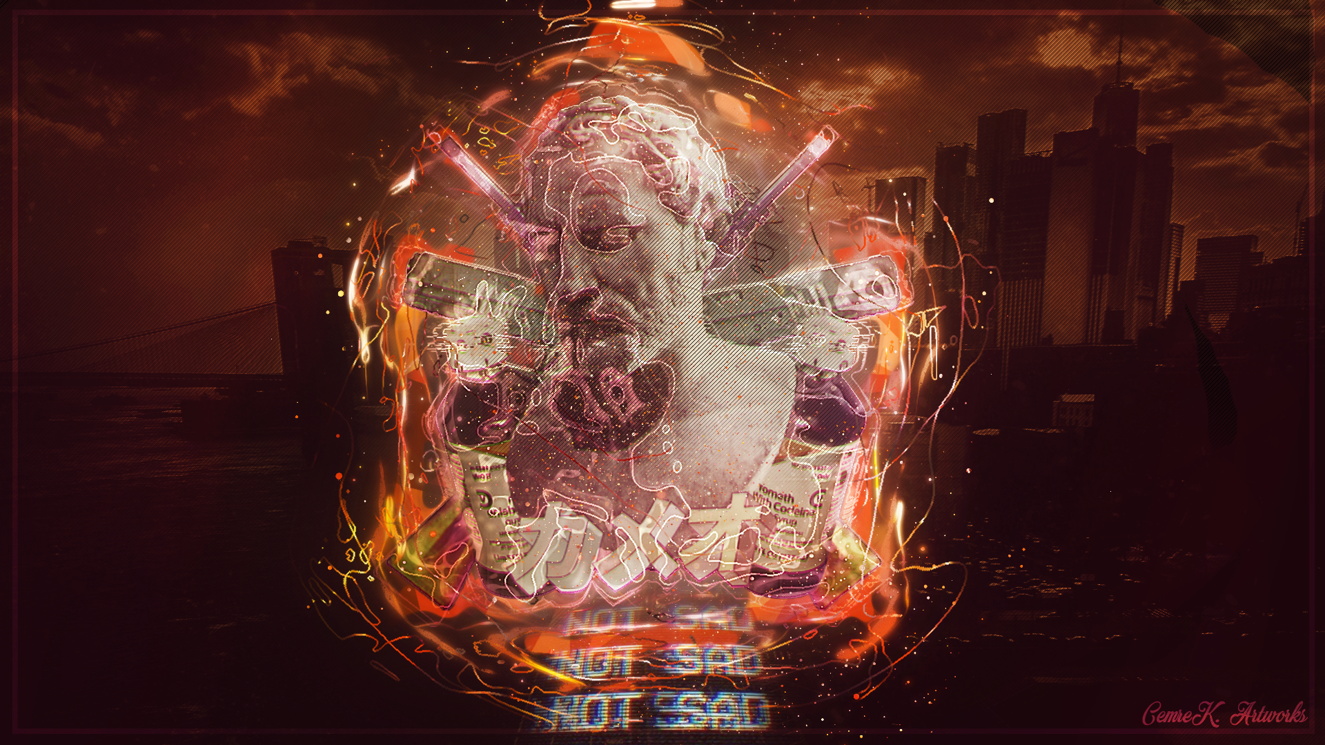 Abstract Vaporwave Statue with Guns and Cityscape HD Wallpaper