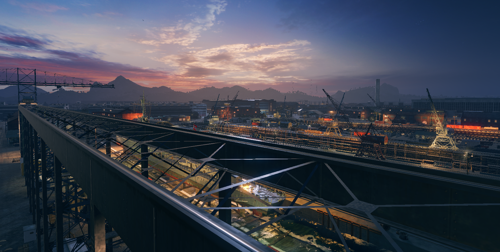 World of Warships PC gaming industrial port at dusk HD Wallpaper