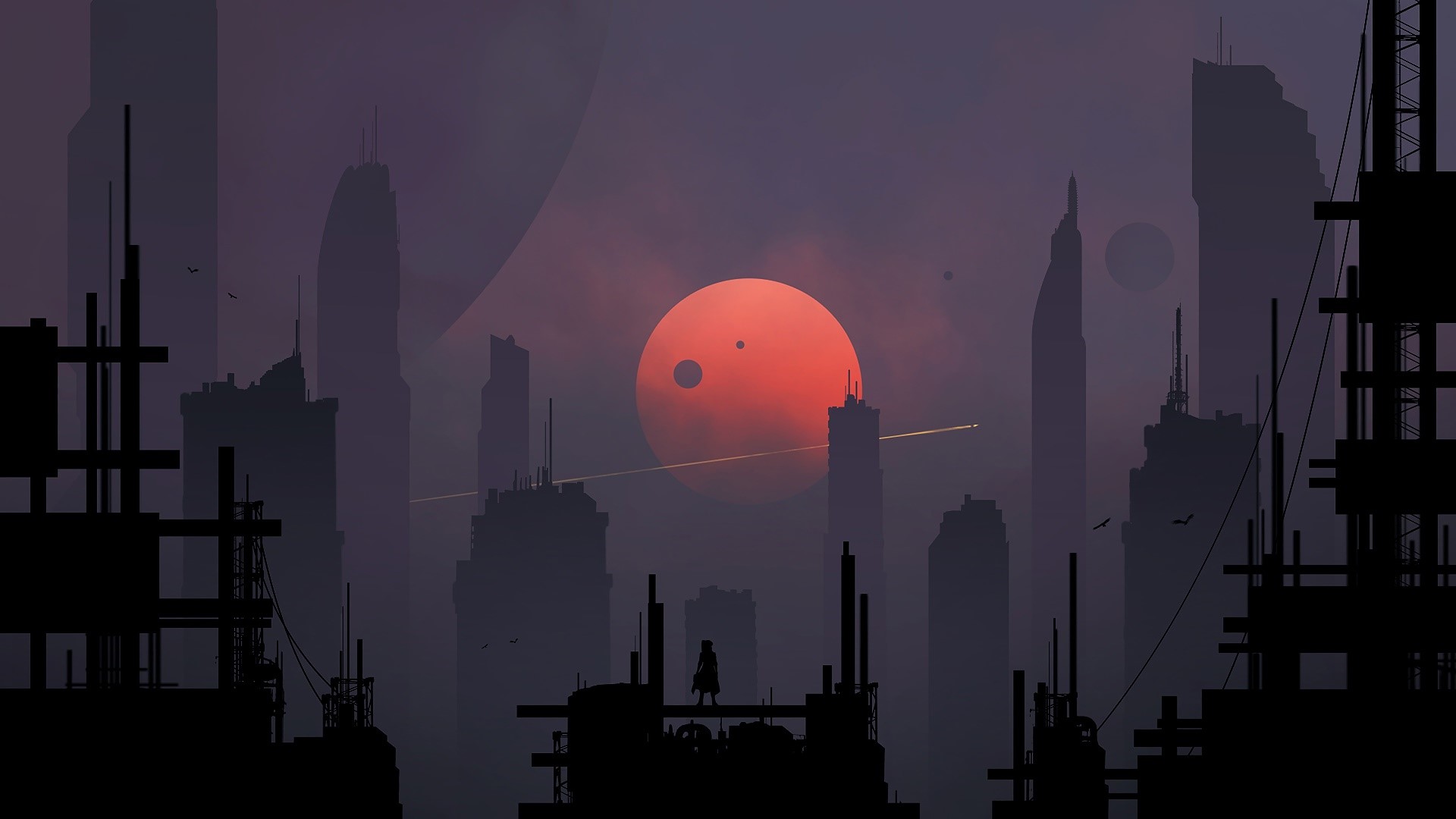 Futuristic city skyline at sunset with a lone figure HD Wallpaper