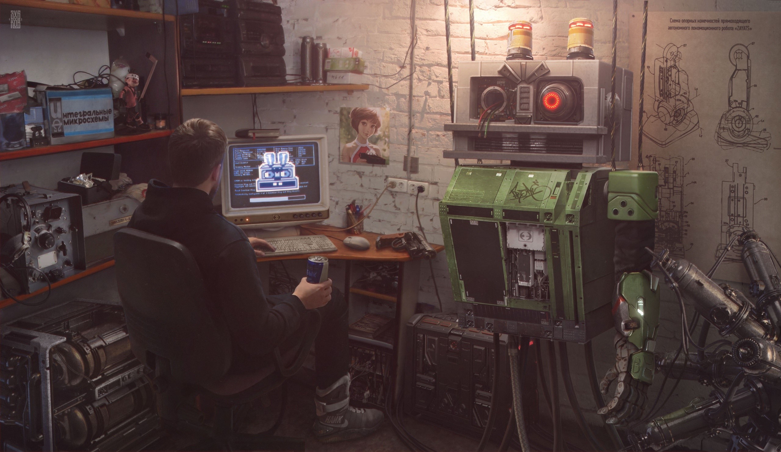Man working on a robot in a cluttered workshop HD Wallpaper