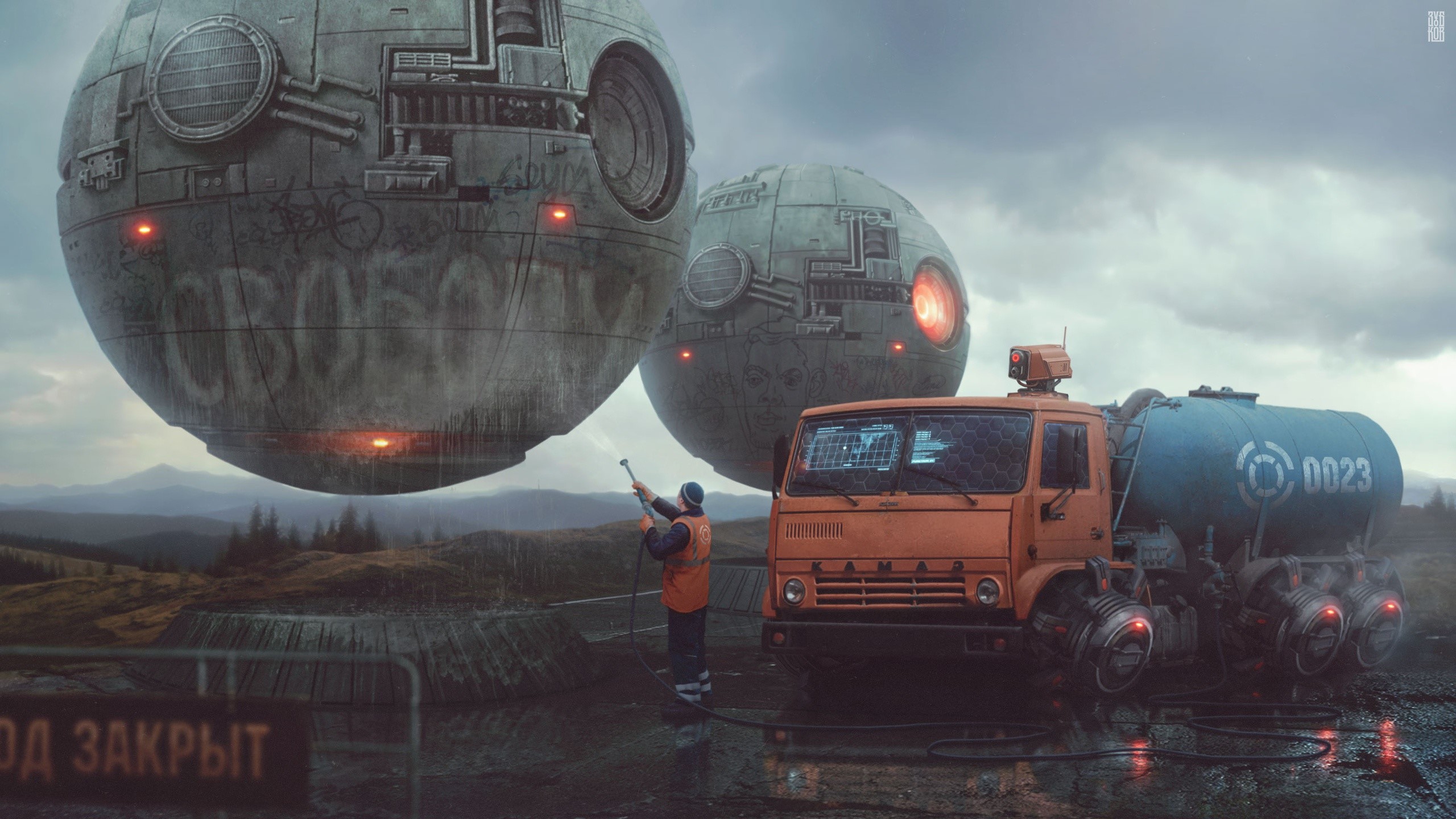 Futuristic spheres and a worker with a truck HD Wallpaper