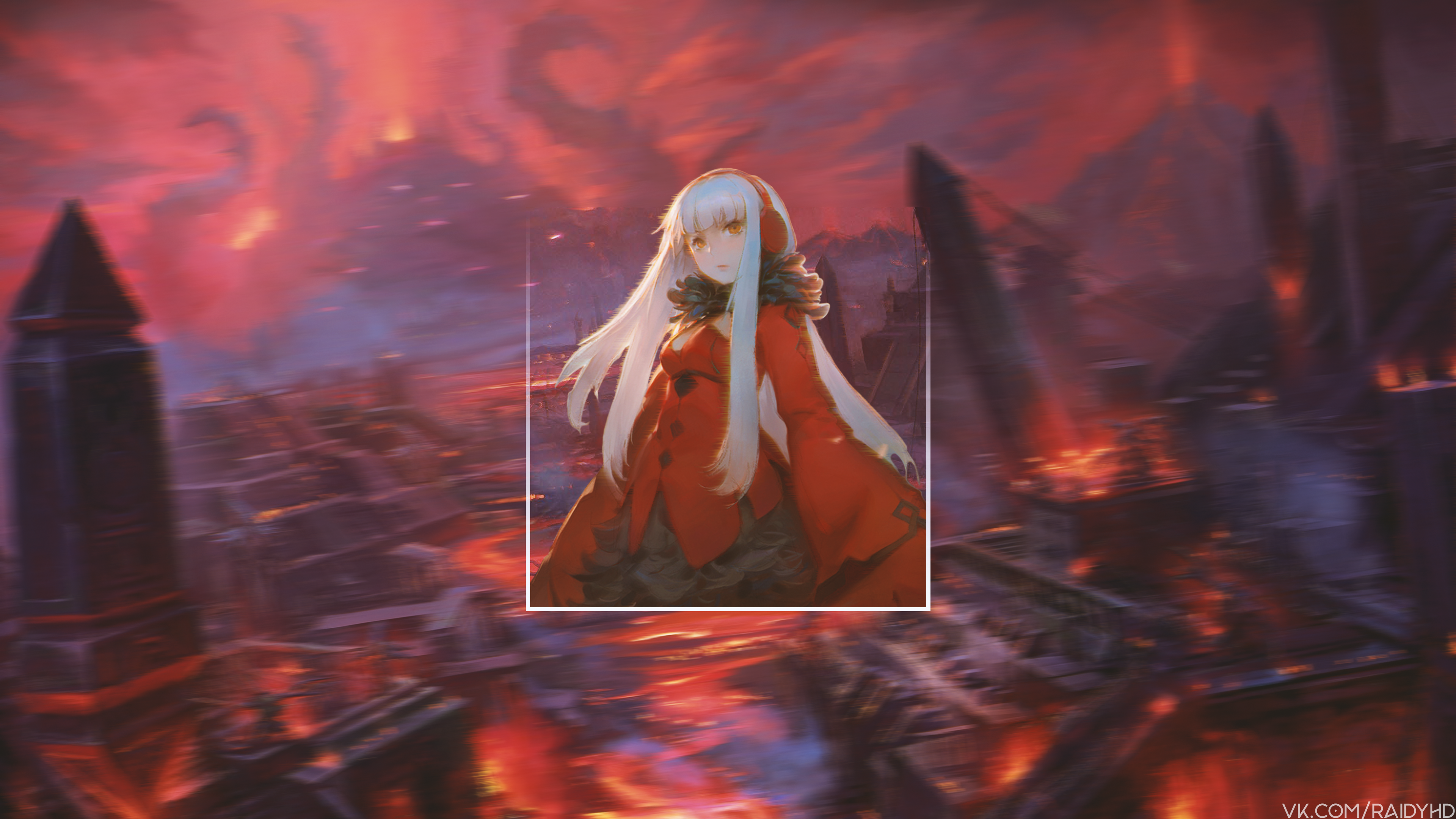 Anime girl in red outfit in destroyed city HD Wallpaper