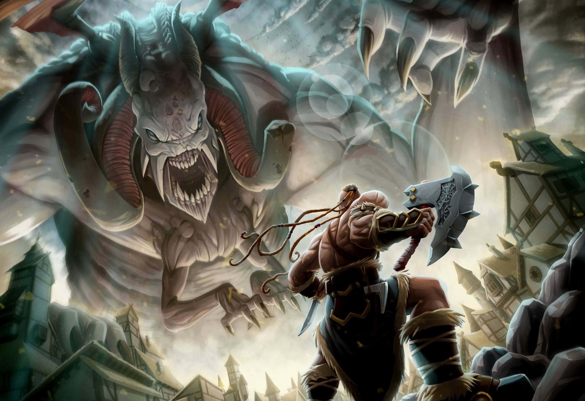 Warrior with Axe fights a large demon creature HD Wallpaper