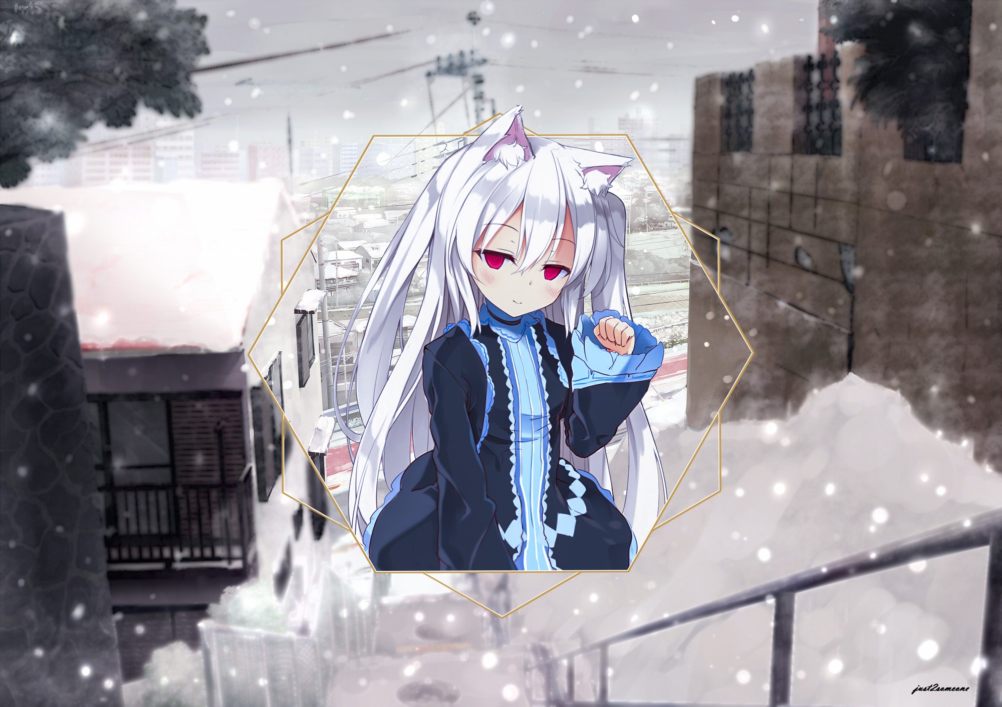 Anime girl with white hair and cat ears in the snow HD Wallpaper