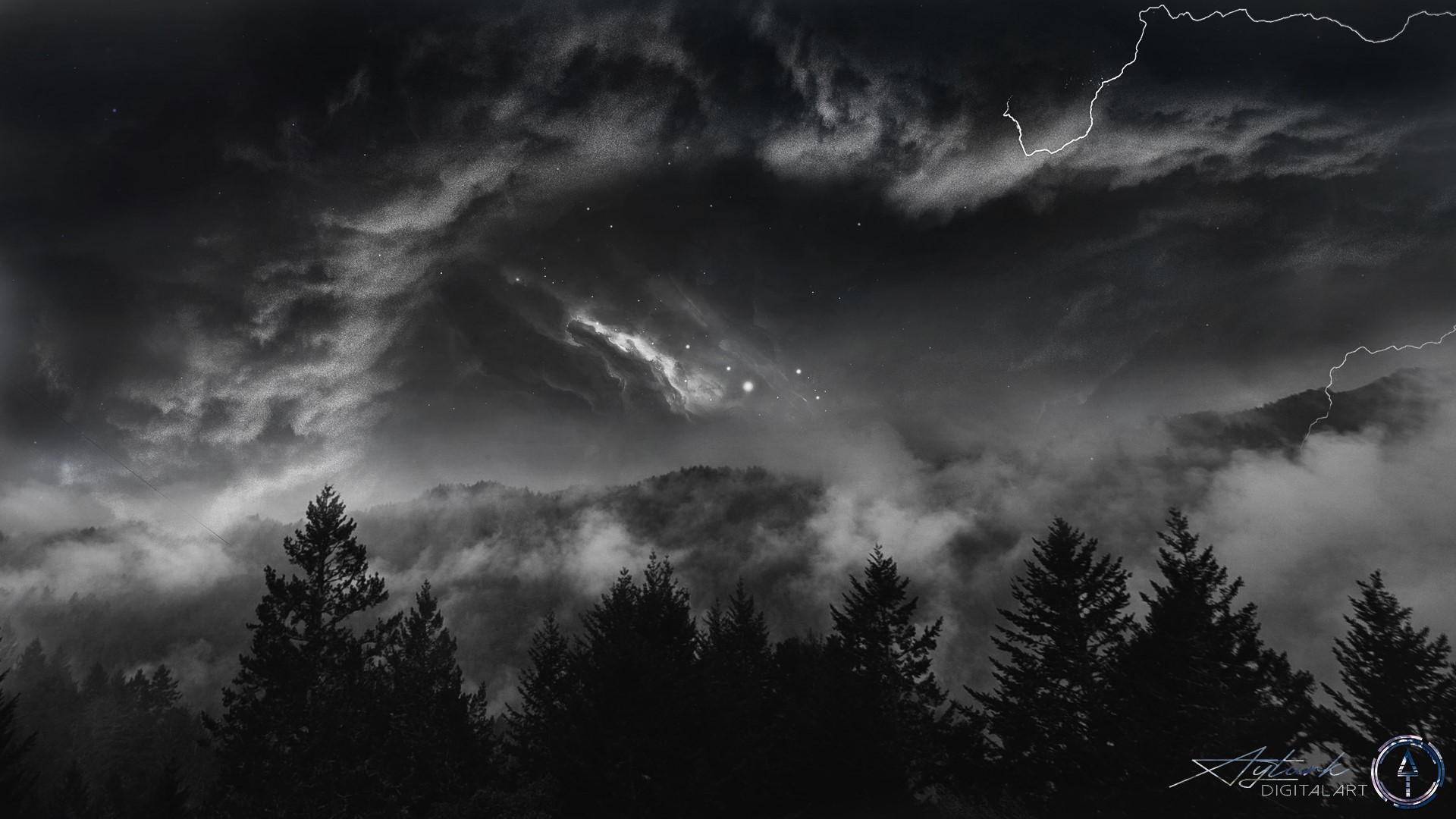 Stormy night over a dark forest with lightning HD Wallpaper