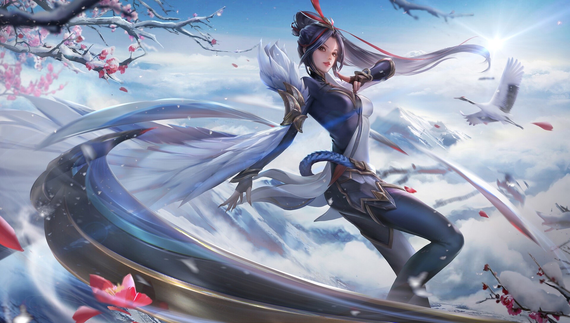Fantasy girl with cranes in snowy mountains HD Wallpaper
