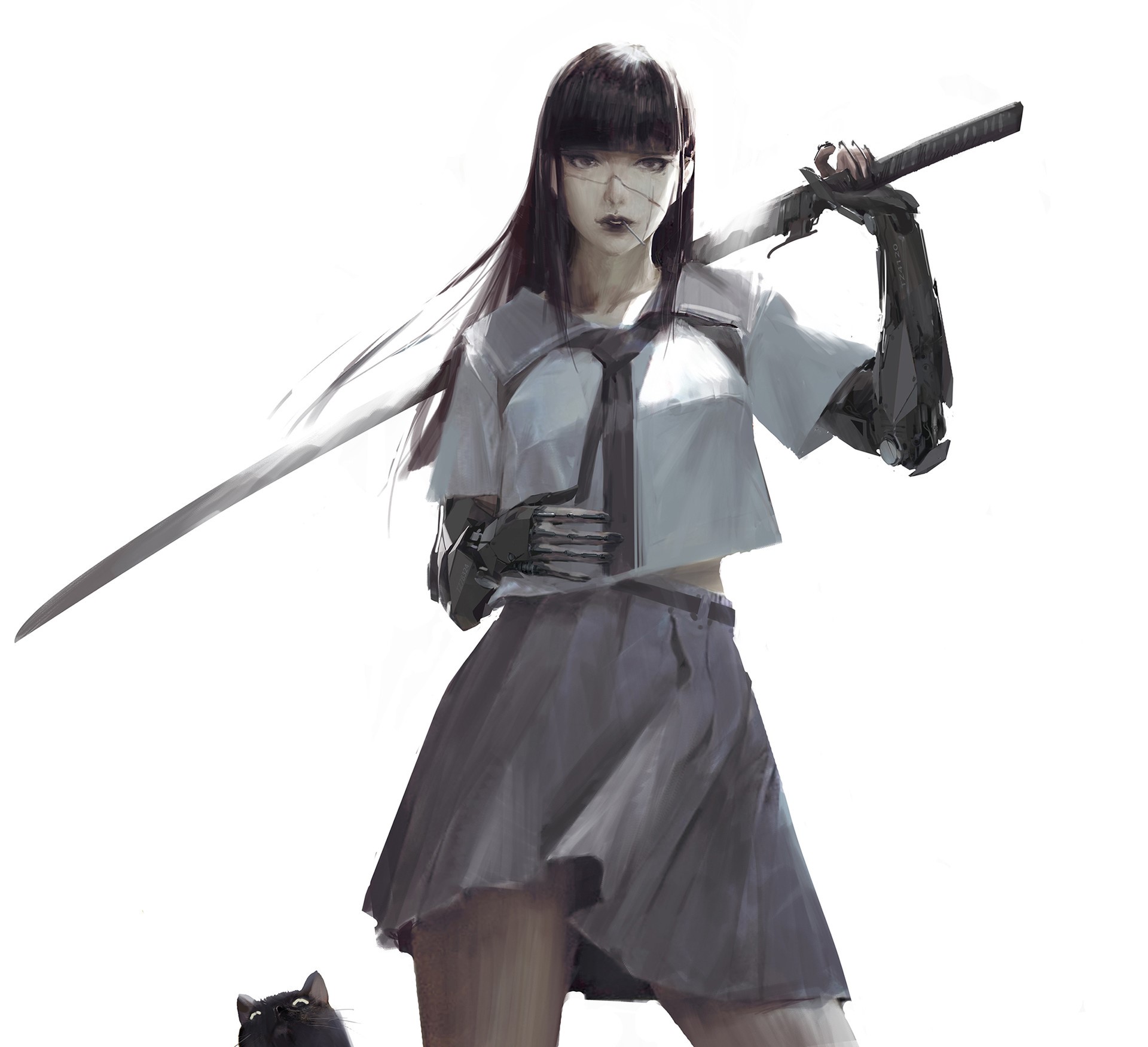 Cyborg girl with katana and black cat HD Wallpaper