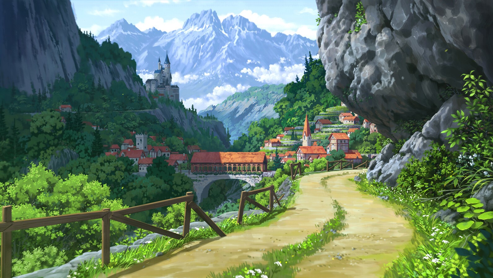 Anime village and castle in a mountain landscape HD Wallpaper