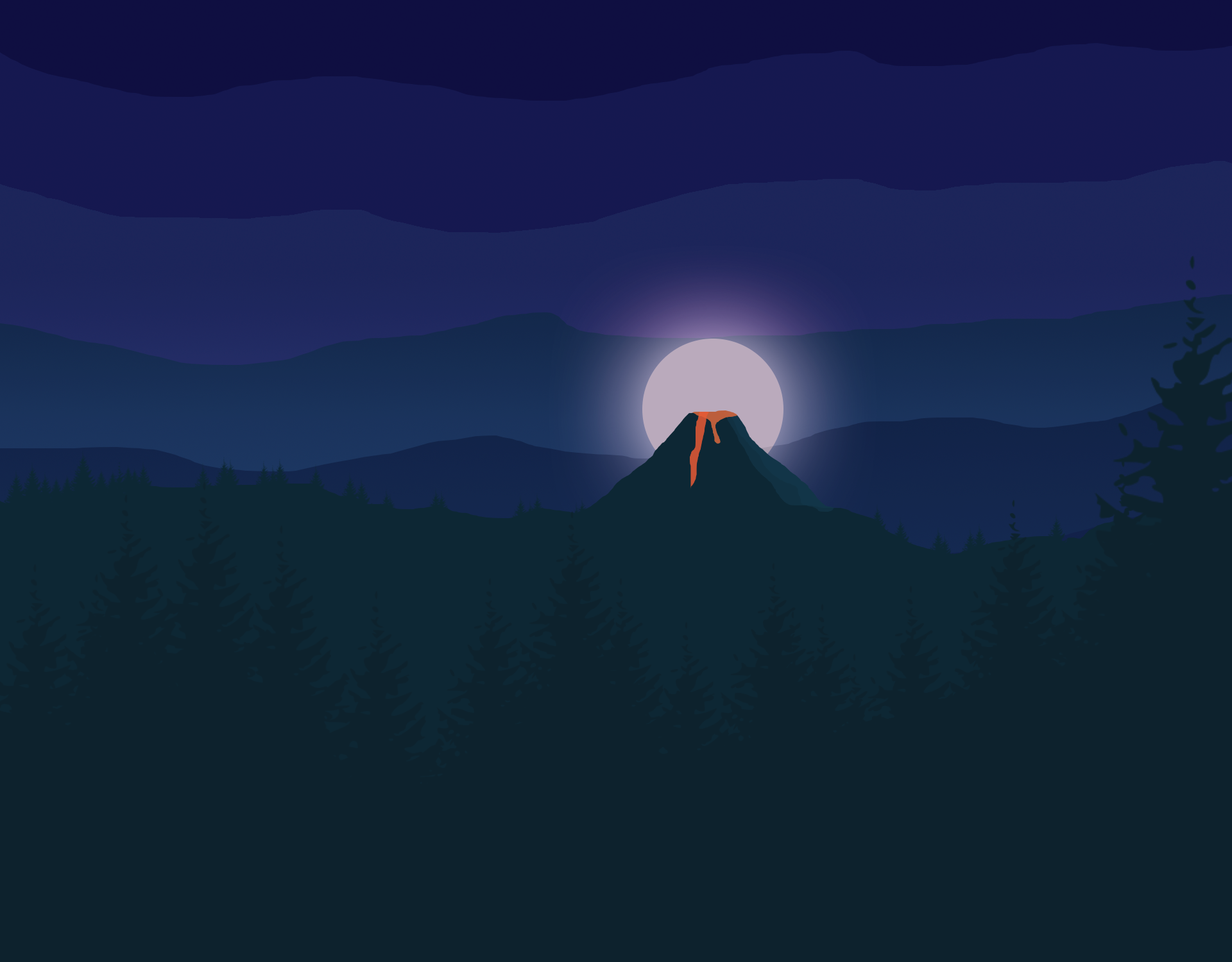 Volcano erupting at night with moonlight over mountains and forest HD Wallpaper