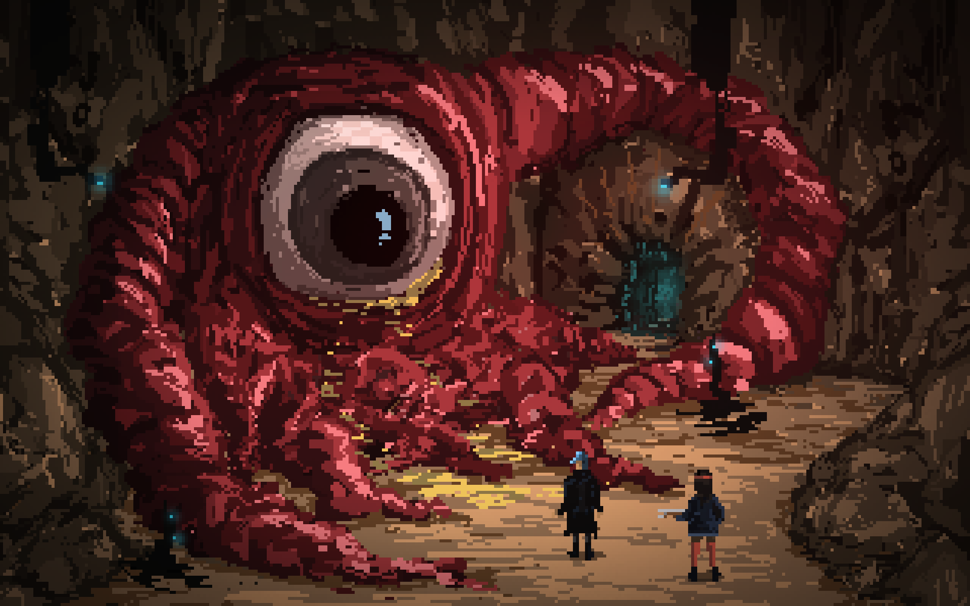Giant eyeball creature in a cave with two people HD Wallpaper