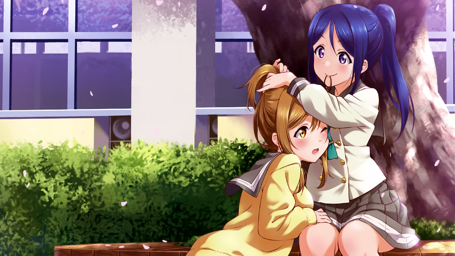 Two girls from Love Live! Sunshine sitting on a bench HD Wallpaper
