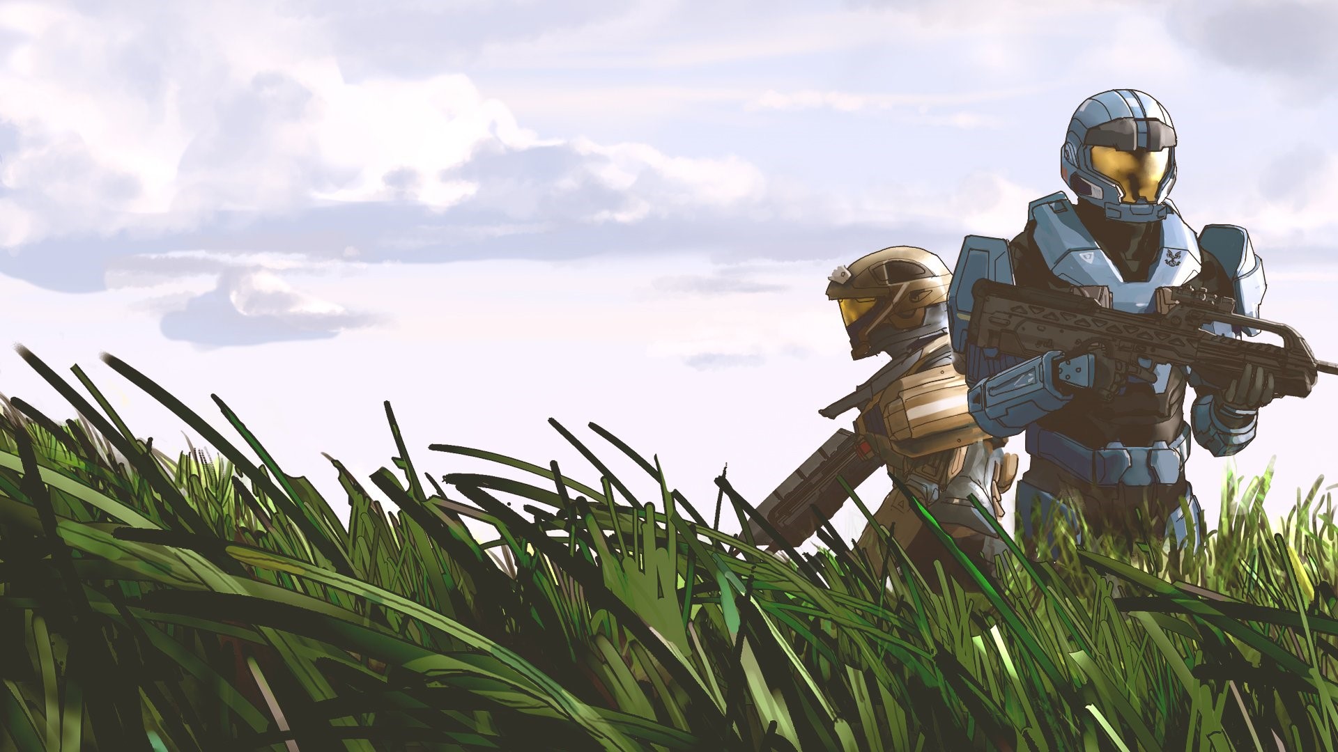 Two soldiers in Halo armor in tall grass HD Wallpaper