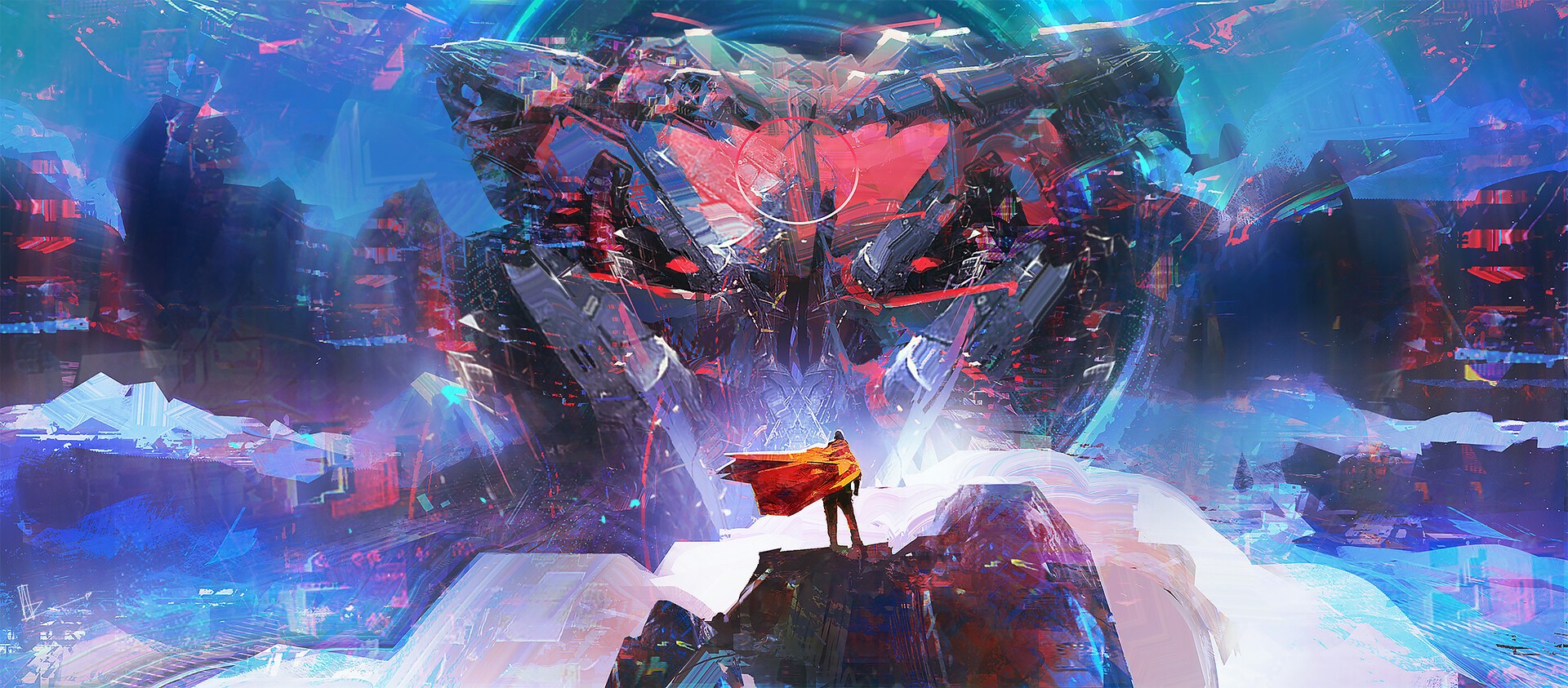 Man in cape facing giant robot in futuristic city HD Wallpaper