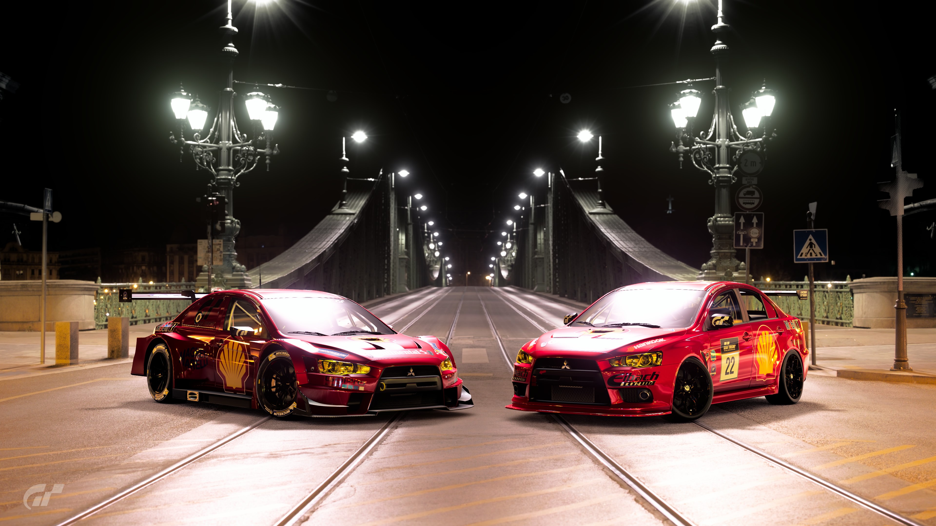 4K Mitsubishi Lancer Evolution Motorsport on Budapest Bridge HD Wallpaper