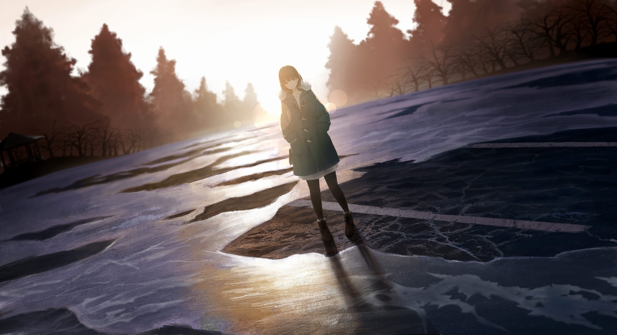 Anime girl standing on icy ground with trees in background HD Wallpaper