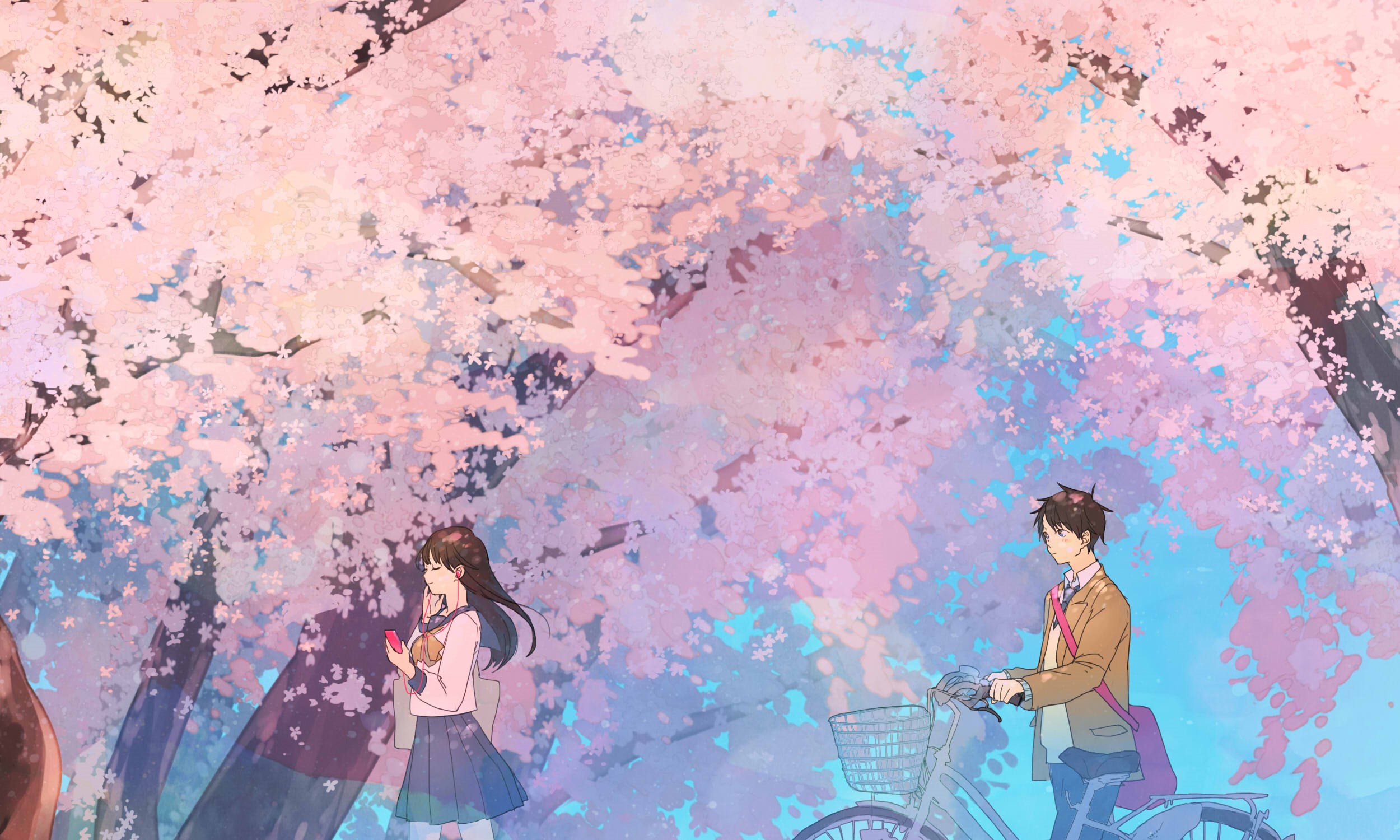 Anime couple under cherry blossom trees with bicycles HD Wallpaper