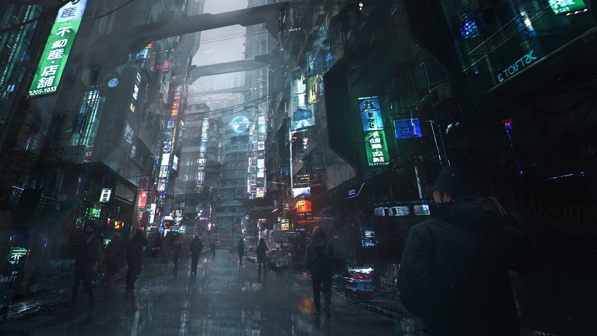 Futuristic cyberpunk city street at night HD Wallpaper