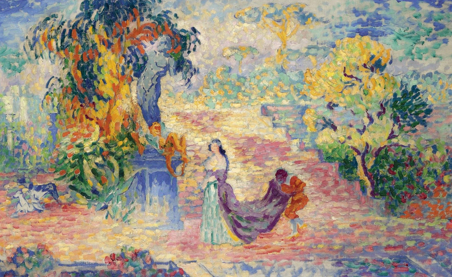 Painting of a garden scene with figures HD Wallpaper