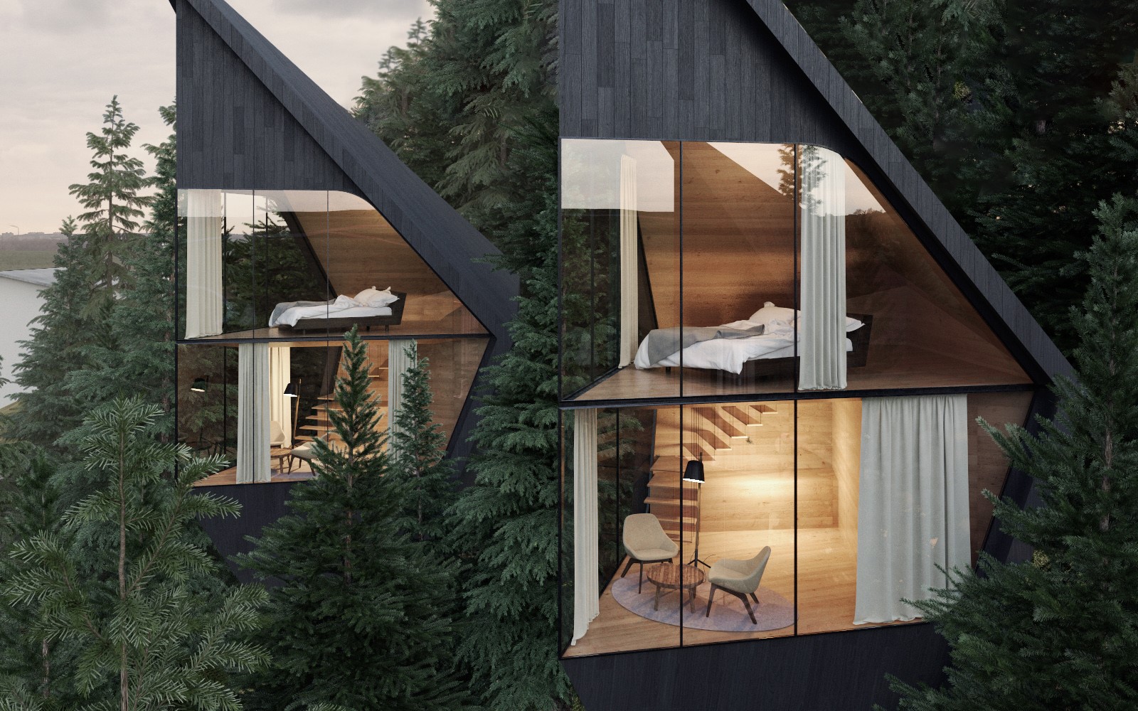 Modern A-frame cabin with large windows in a forest HD Wallpaper