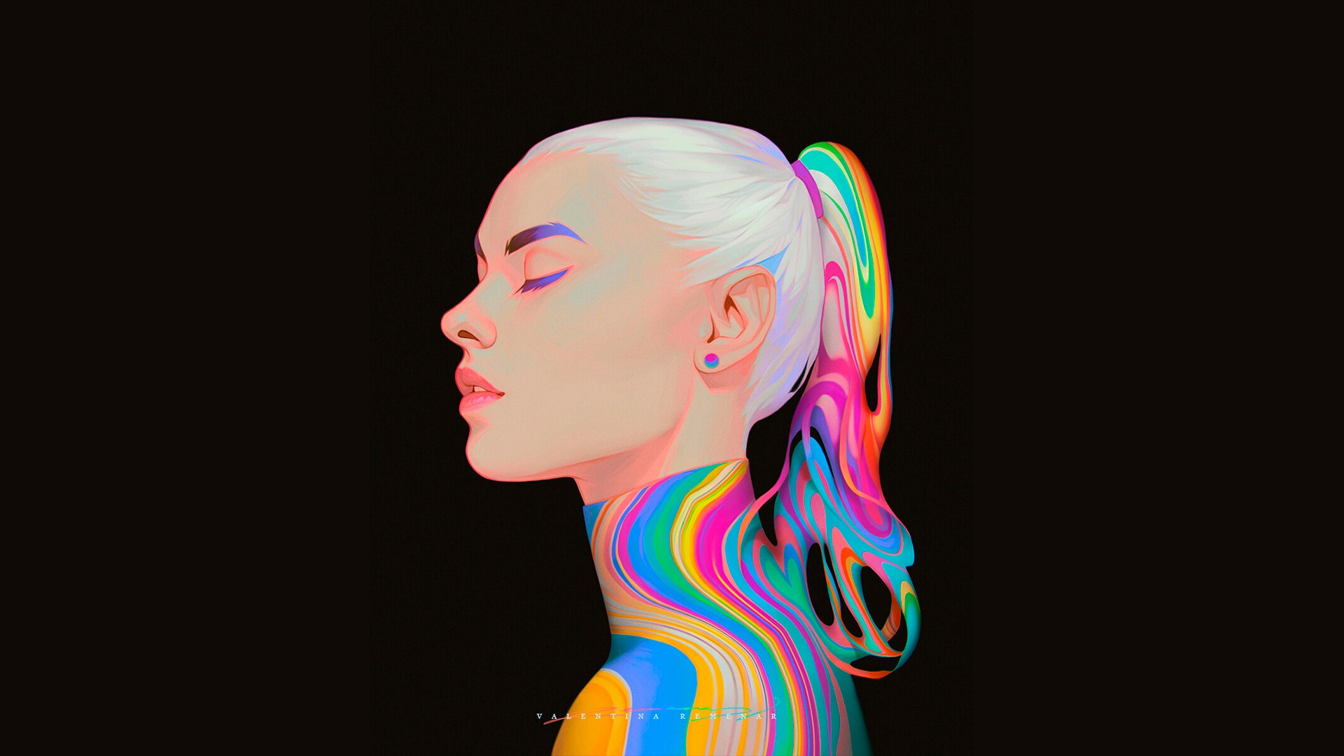 Digital art portrait of a woman with colorful hair and body HD Wallpaper