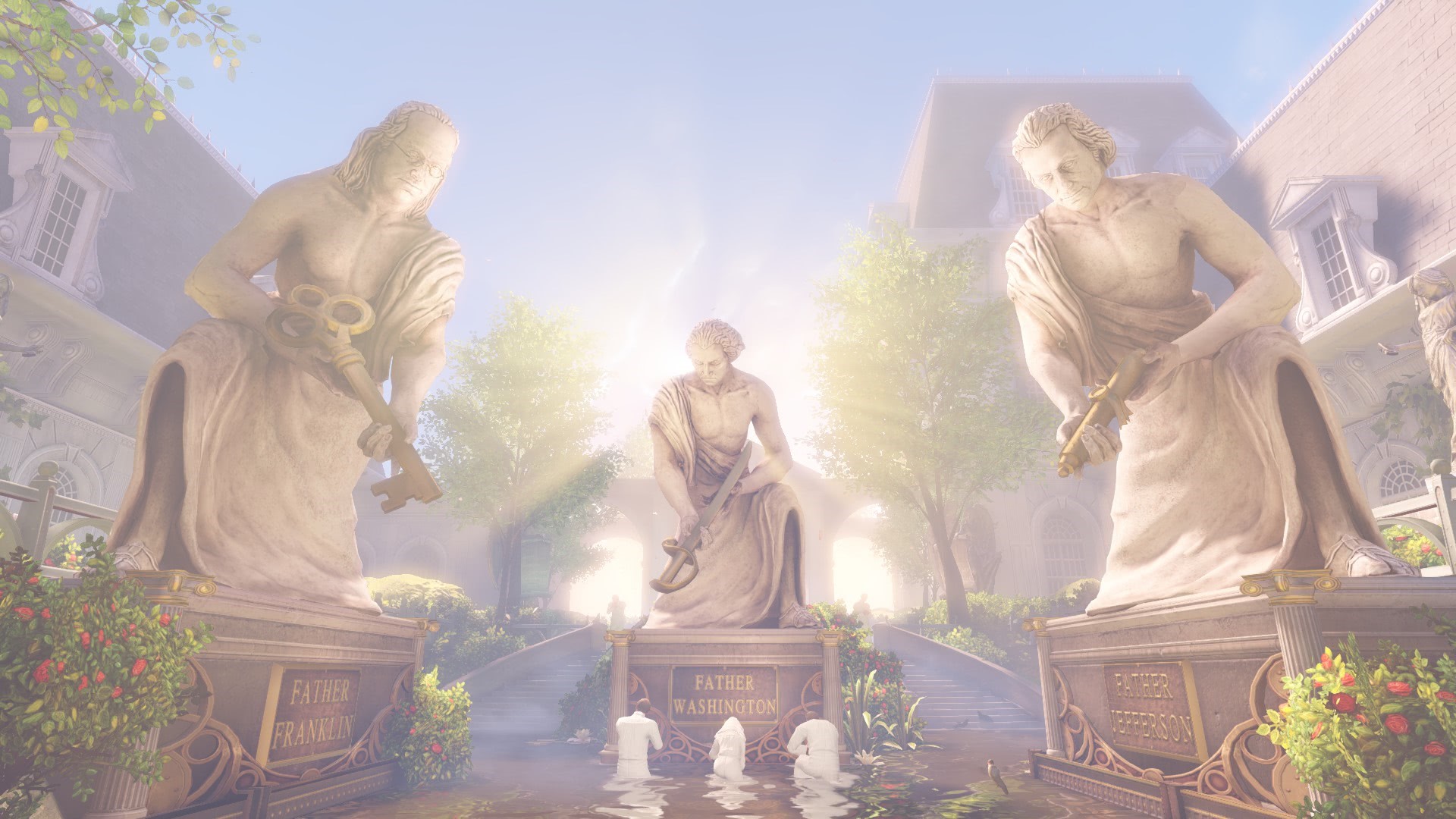 Statues of Father Franklin, Washington, and Jefferson in BioShock Infinite HD Wallpaper