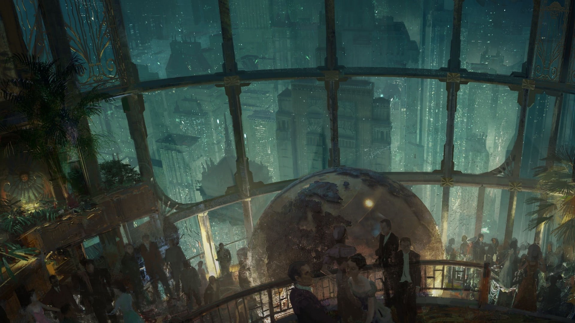 People in a grand hall overlooking a futuristic city HD Wallpaper