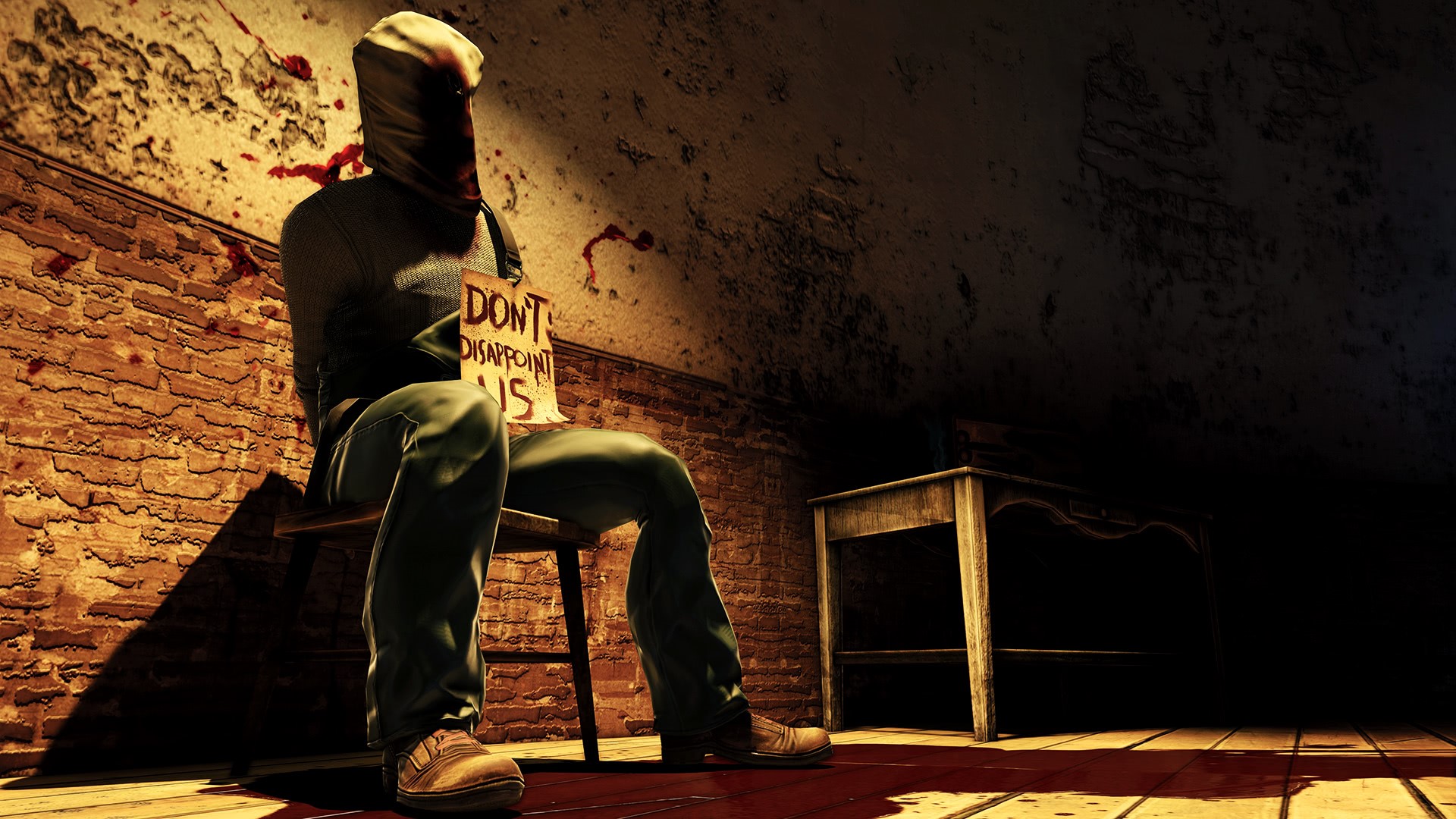 Man with bag over head in bloody room HD Wallpaper