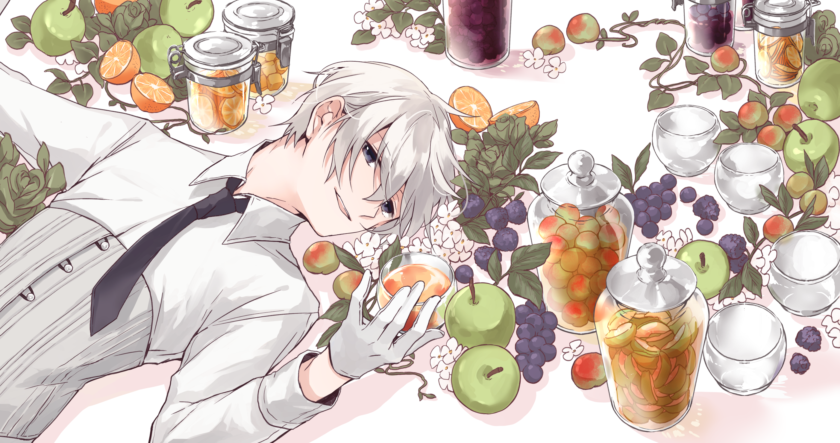 Anime boy with white hair and fruit jars HD Wallpaper