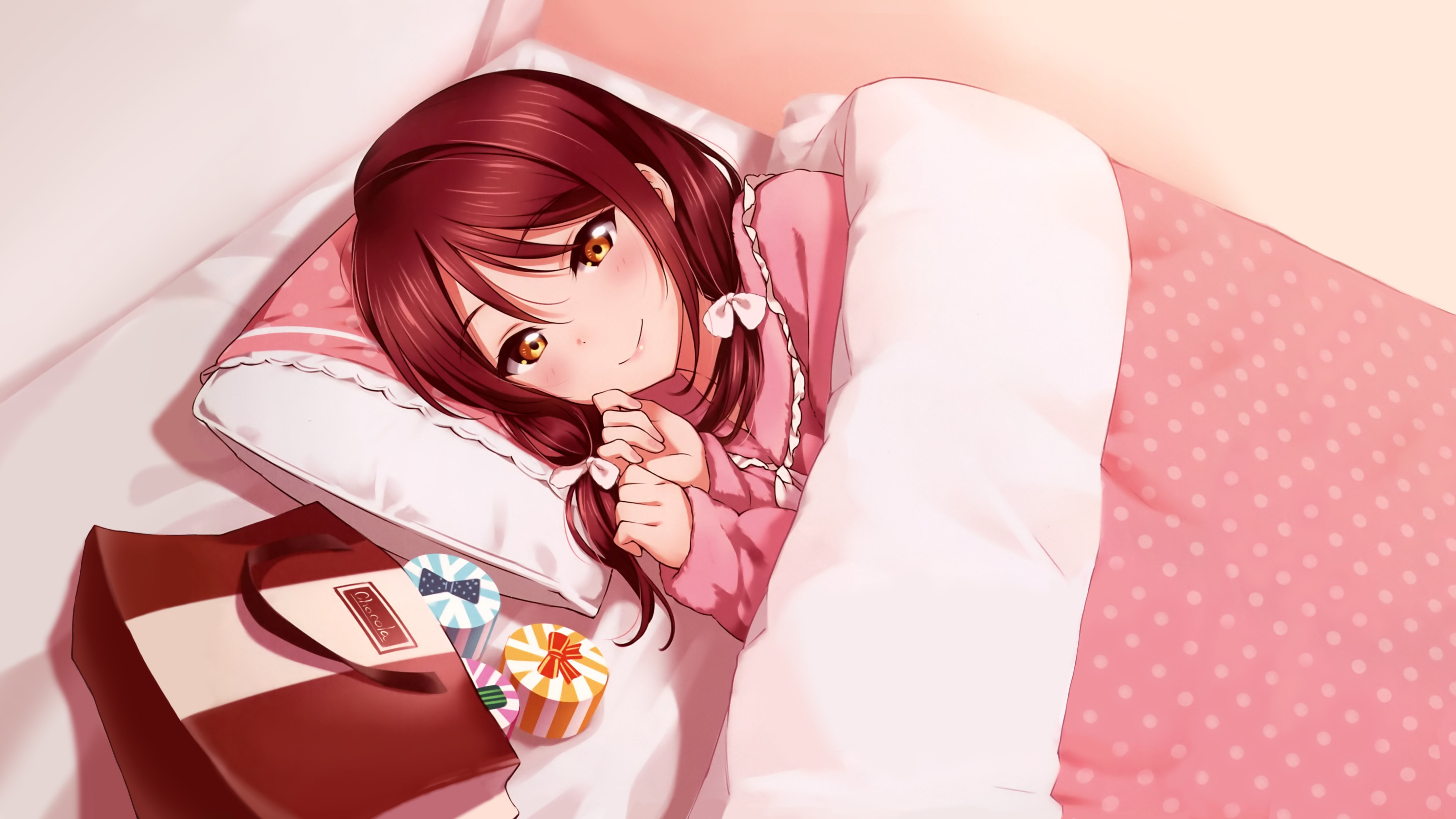 Sakurauchi Riko from Love Live! Sunshine! in bed with gifts HD Wallpaper