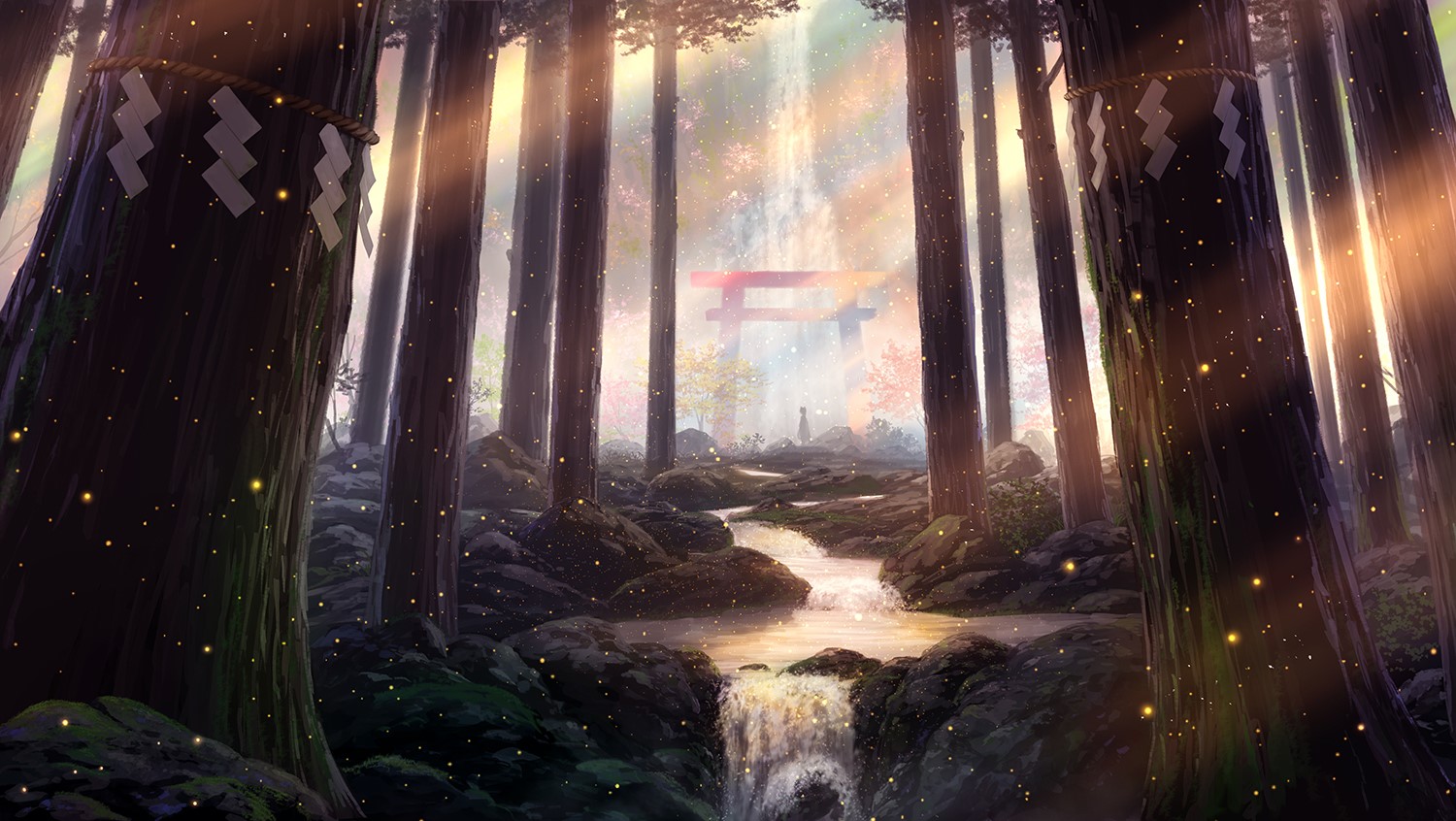 Enchanted forest with waterfall and shrine HD Wallpaper