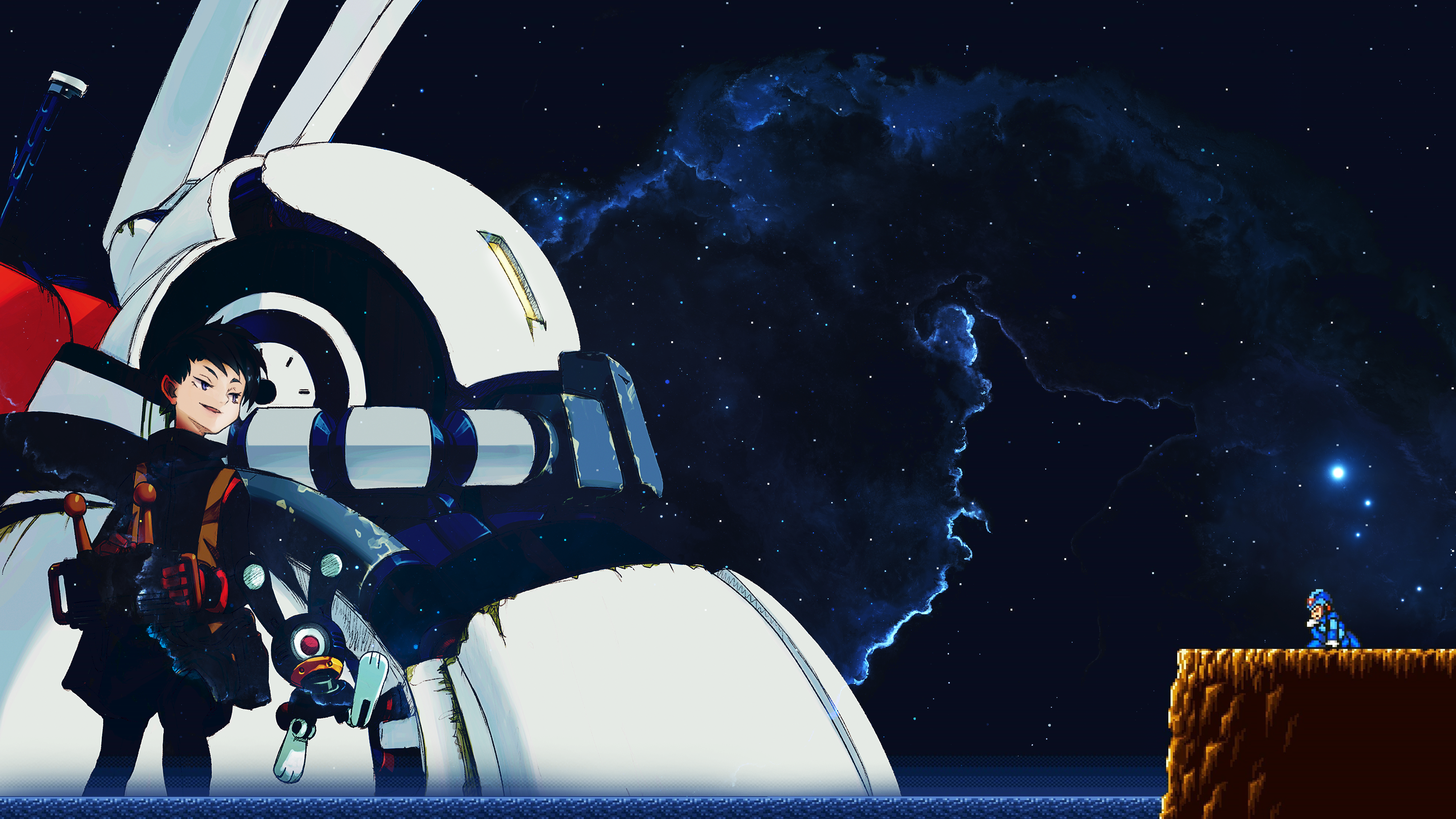 4K Anime Space Machine with Mega Man HD Wallpaper