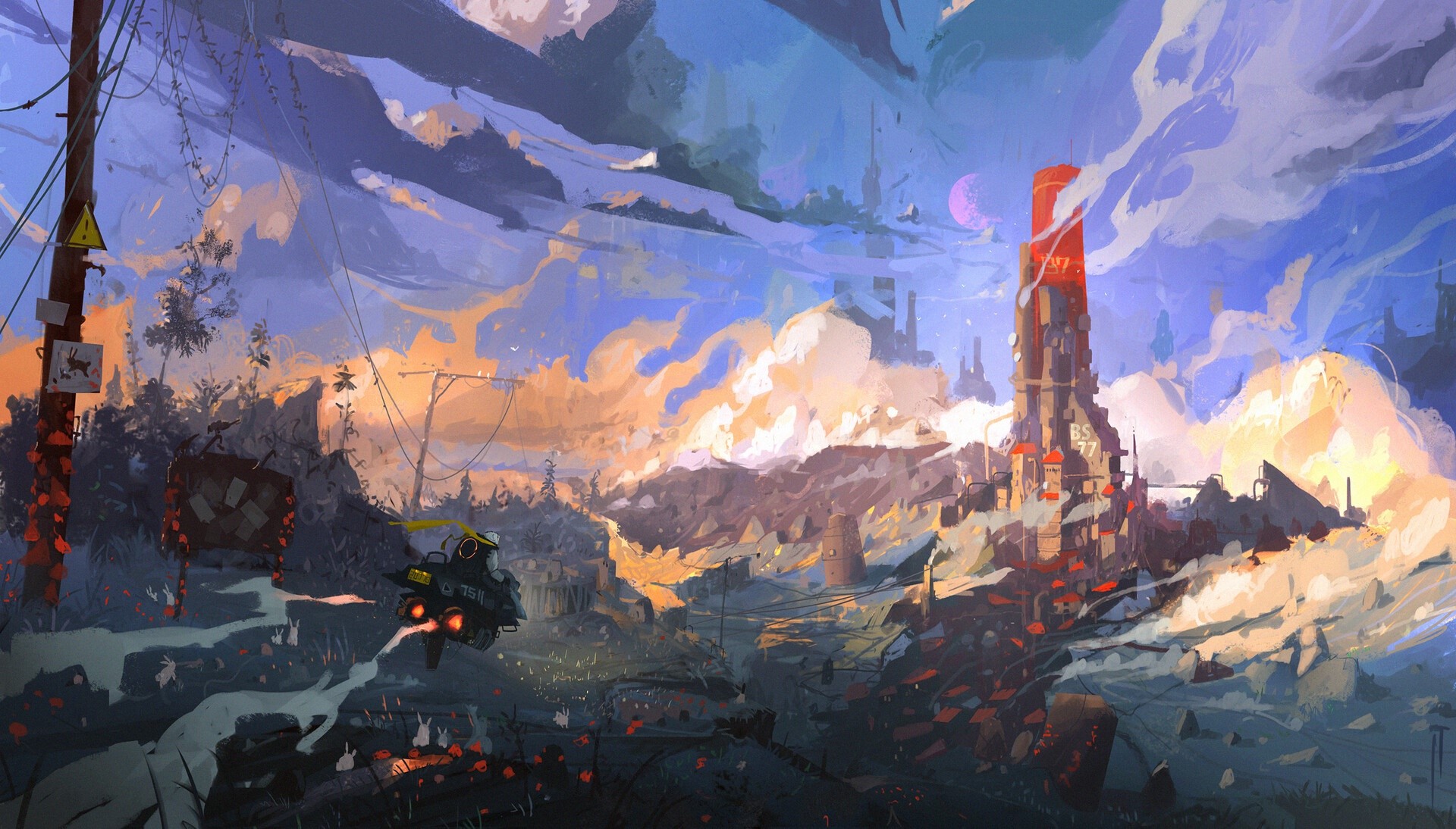 Futuristic city with a vehicle in the sky HD Wallpaper