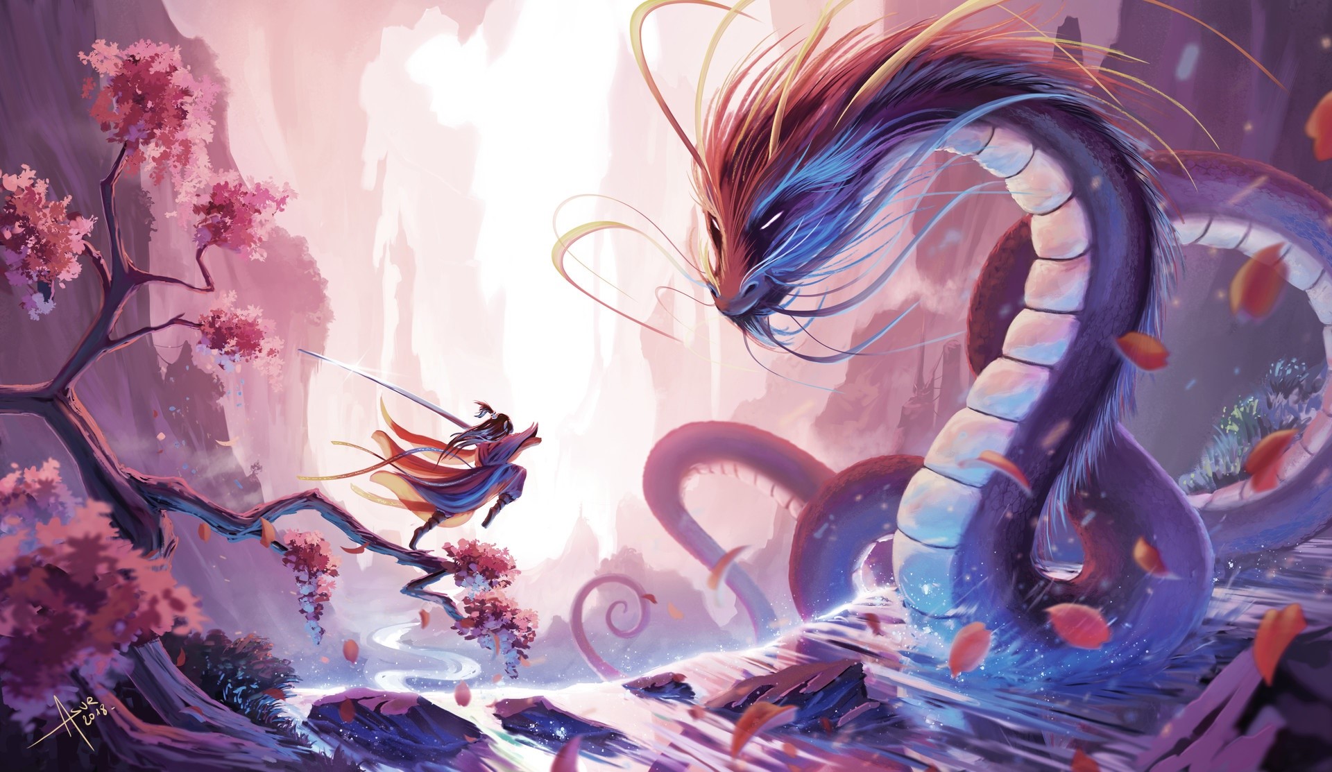 Asur Misoa fights a dragon in a fantasy landscape HD Wallpaper