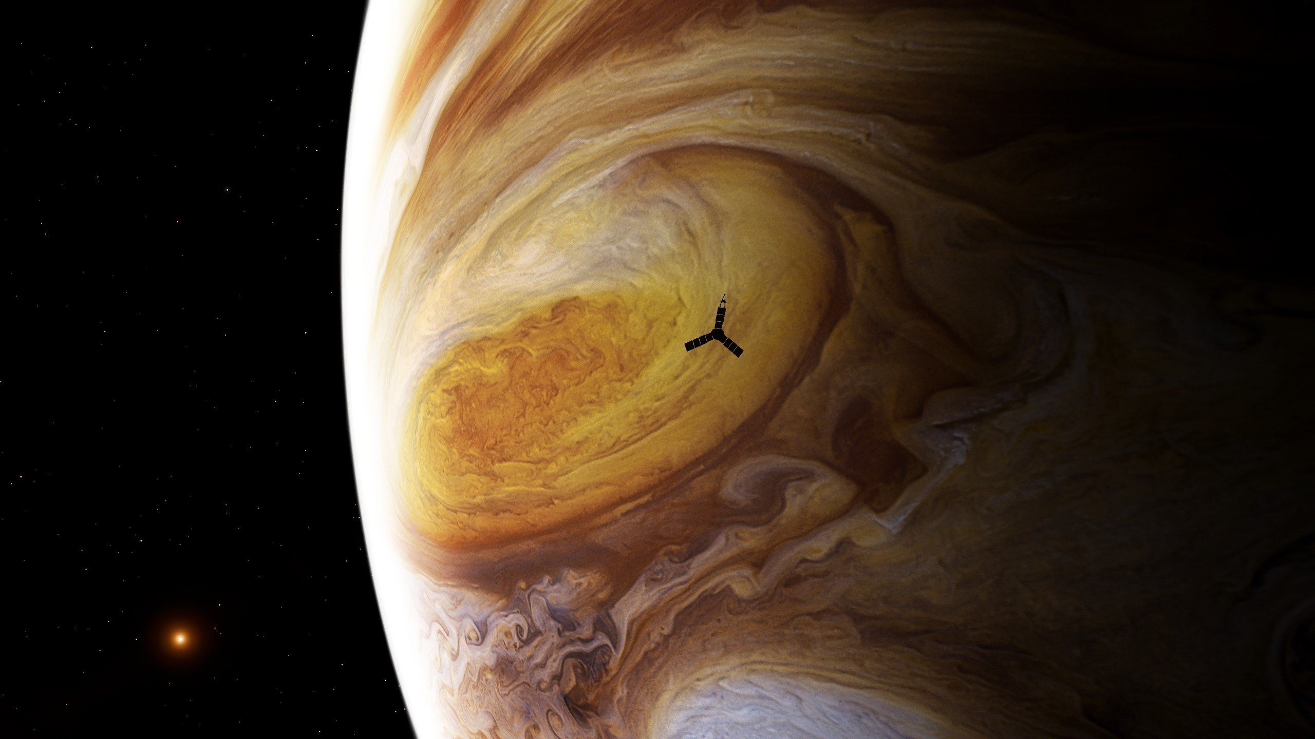 Jupiter and a spacecraft near the Great Red Spot HD Wallpaper