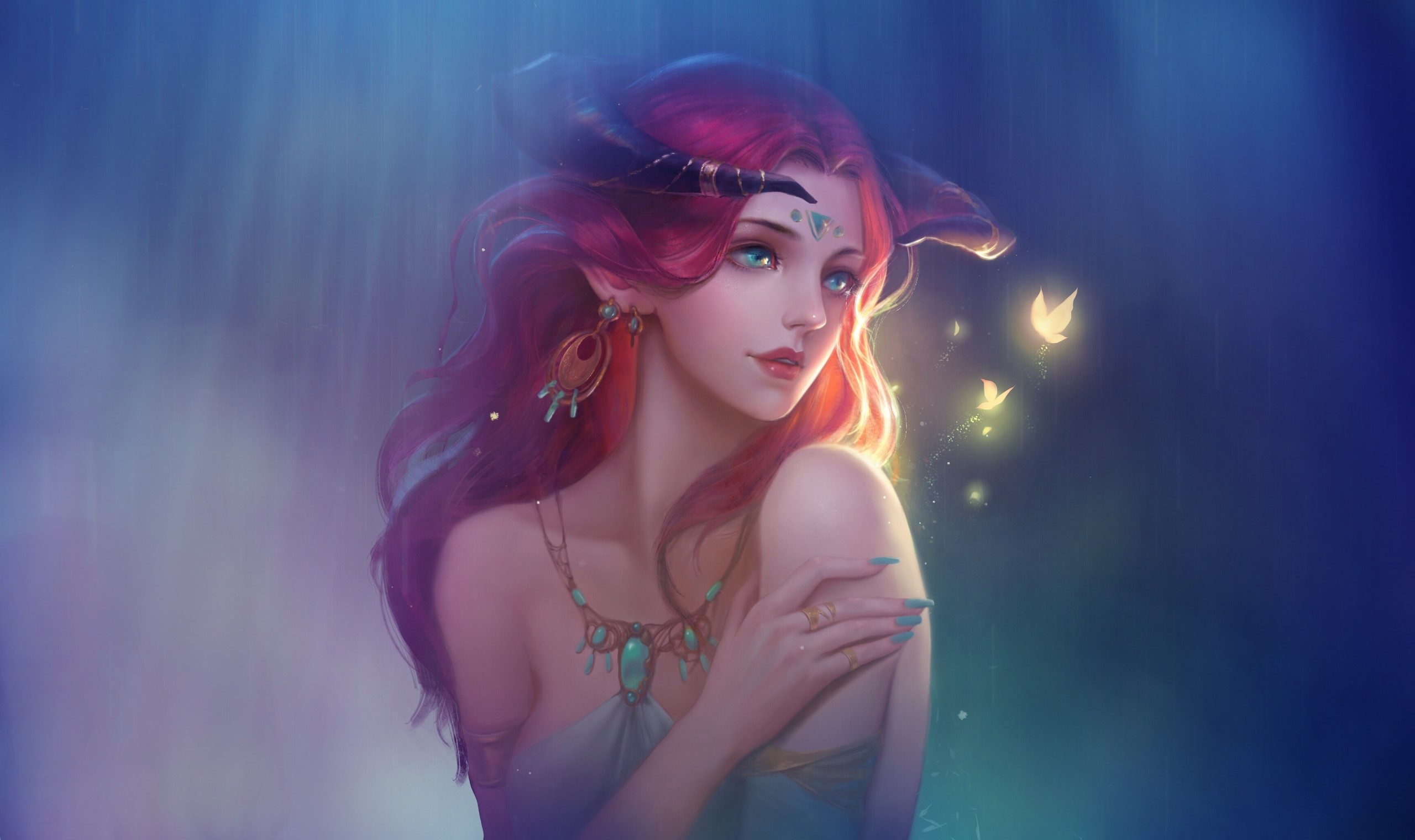 Fantasy girl with red hair and horns HD Wallpaper