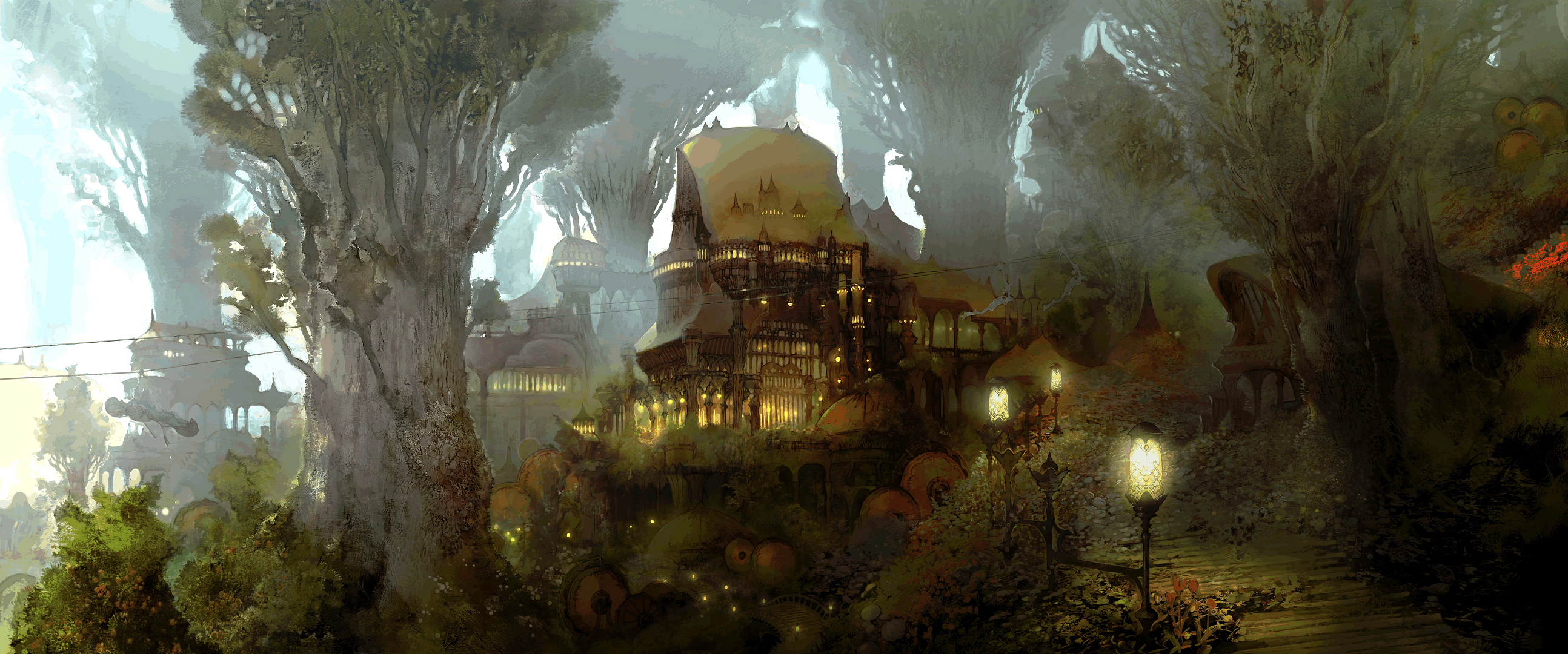 Fantasy city built among giant trees in Final Fantasy XIV HD Wallpaper